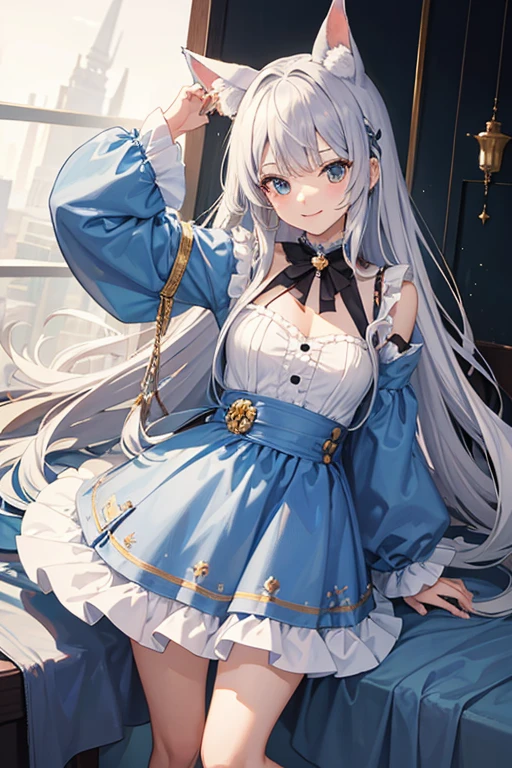 masterpiece, highest quality, High resolution,Anime Style Silver Hair(Decreased:1:10)Part of the hair stands up like animal ears、、About 10 years old、one piece、No sleeve、smile