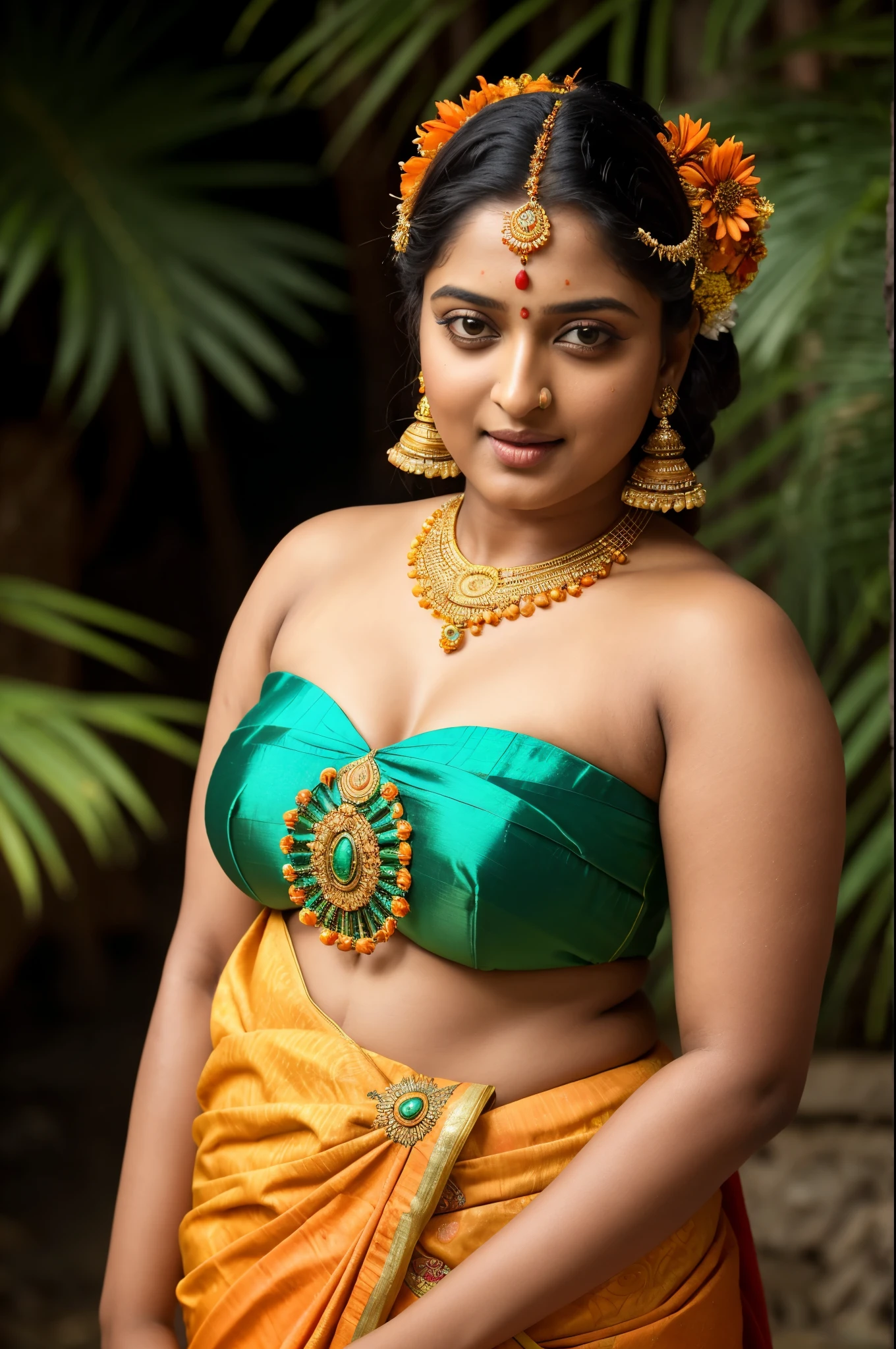 Looks like Anushka Shetty, stunning Beauty, wearing traditional stanapatta a strapless bra made of one piece of cotton cloth, thick figure, fleshy body, curvy, bulky figure, heavy physique, full figured woman, low waist saree, bold saree look, a close up of a woman in a colorful dress with a flower in her hair, extremely gorgeous woman, matchless beauty, queen, very beautiful enga style, with colourful intricate, candid shot, traditional beauty, candid picture, orange details, wearing intricate, candid portrait photo, with kerala motifs, wearing an elegant tribal outfit, orange and turquoise, orange and teal color, * colour splash *, traditional, stunning visual, highly detailed armpits, provocative beauty, attractive, captivating, goddess of lust and desire, sizzling, skin pores,