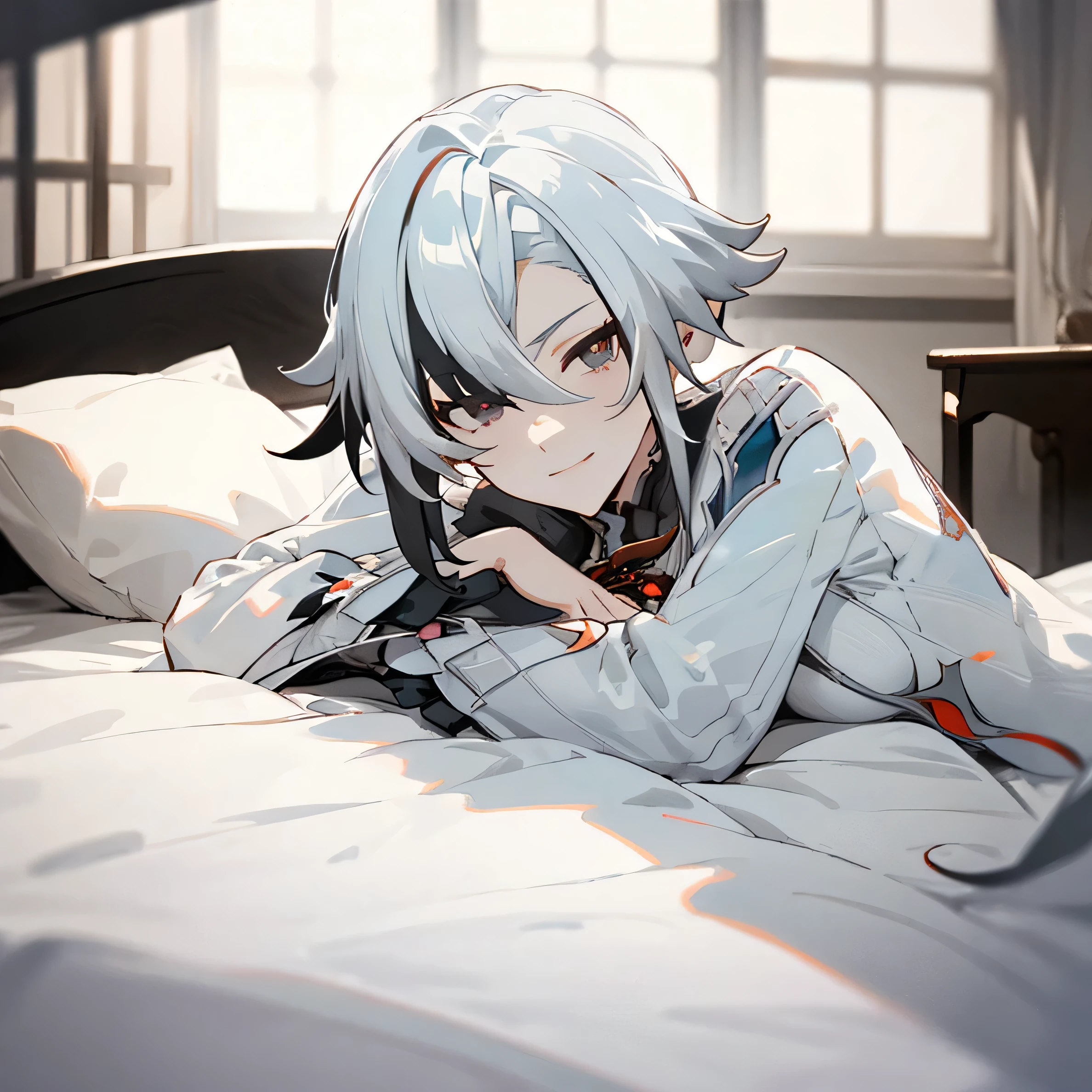 (​masterpiece、top-quality)、1 girl 、Smirk、grey  eyes、arlecchino \(genshin impact\), Warm lighting、on the beds, Blurred foreground、deep in the night、High contrast、Night、laimg on the bed.