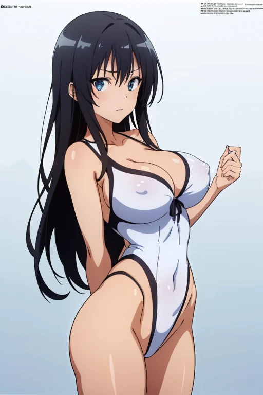 (masutepiece, Best Quality, High resolution, anime colours, megami magazine:1.2, anime poster style, anime keyvisual, sharp, 8k, photorealistic), (beautiful eyes:1.5, beautiful face), Kotegawa Yui, 1girl, solo, Cute, (Long Black Hair), (sagging large breasts), (white onepiece swimsuit), cleavage, (arm behind back, cowboy shot), (Perfect detailed Anatomy, beautiful detailed hair, perfect detailed body:1.2, shiny skin), (thick outline, Beautiful outlines, black outlines), simple background,