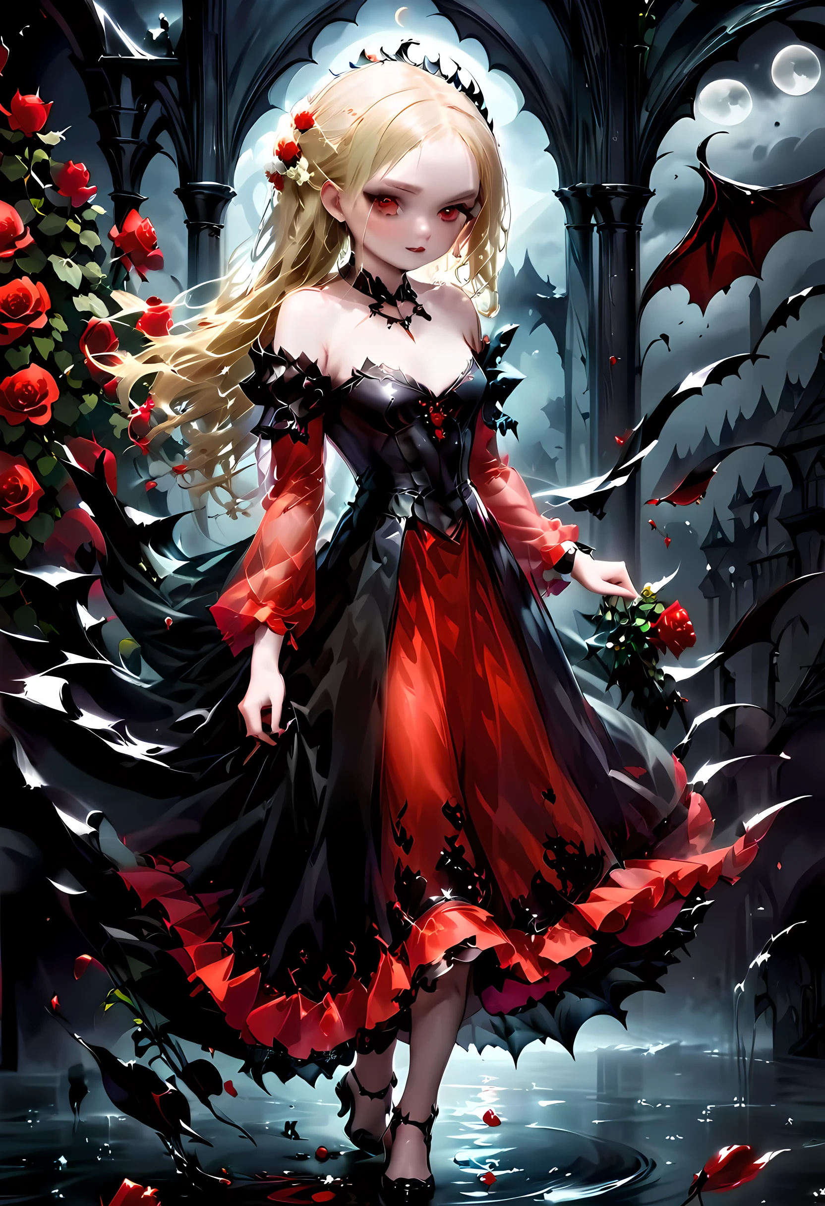 Dark fantasy art, fantasy art, goth art,  a picture of a female vampire, exquisite beauty, full body shot, dark glamour shot,  pale white skin, dark blond hair, long hair, wavy hair, (glowing grey: 1.3) eyes,  she  wears a (red: 1.3) red dress, ArmoredDress, the roses are imprinted on the dress (black: 1.4)  black roses betmd, high heells, dark castle porchm, dark, black and colorm, Dark Art Painting Style