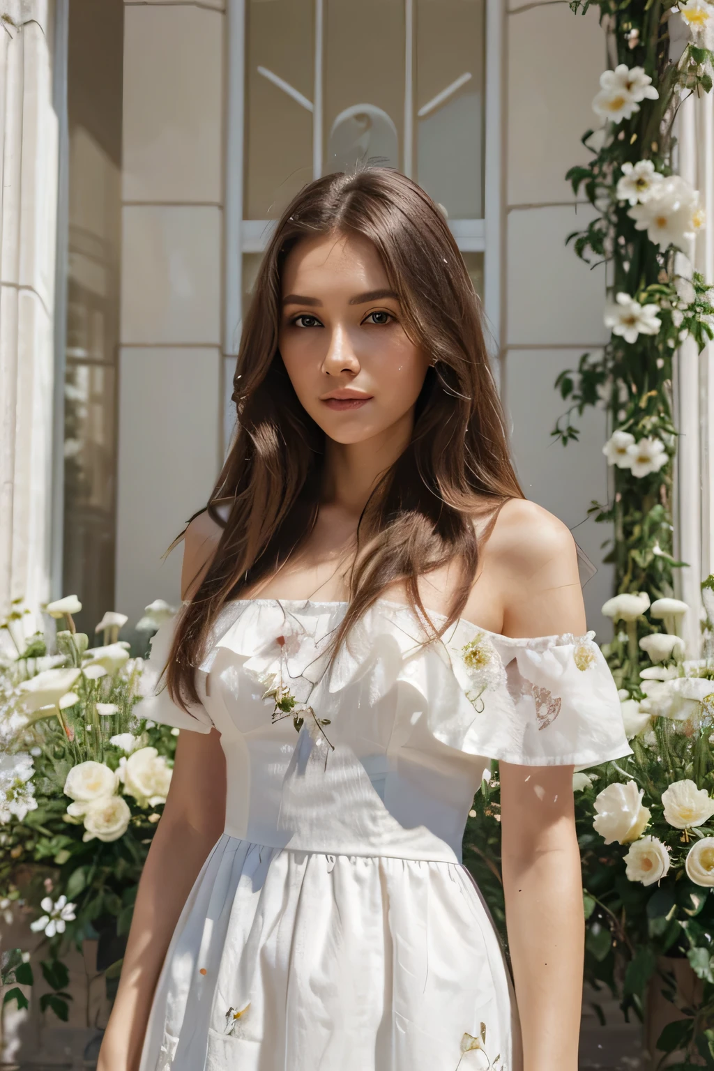 woman, instagram model, beautiful face, long hair, white skin, caucasian, art, flowers, dress, ultrarealism, city