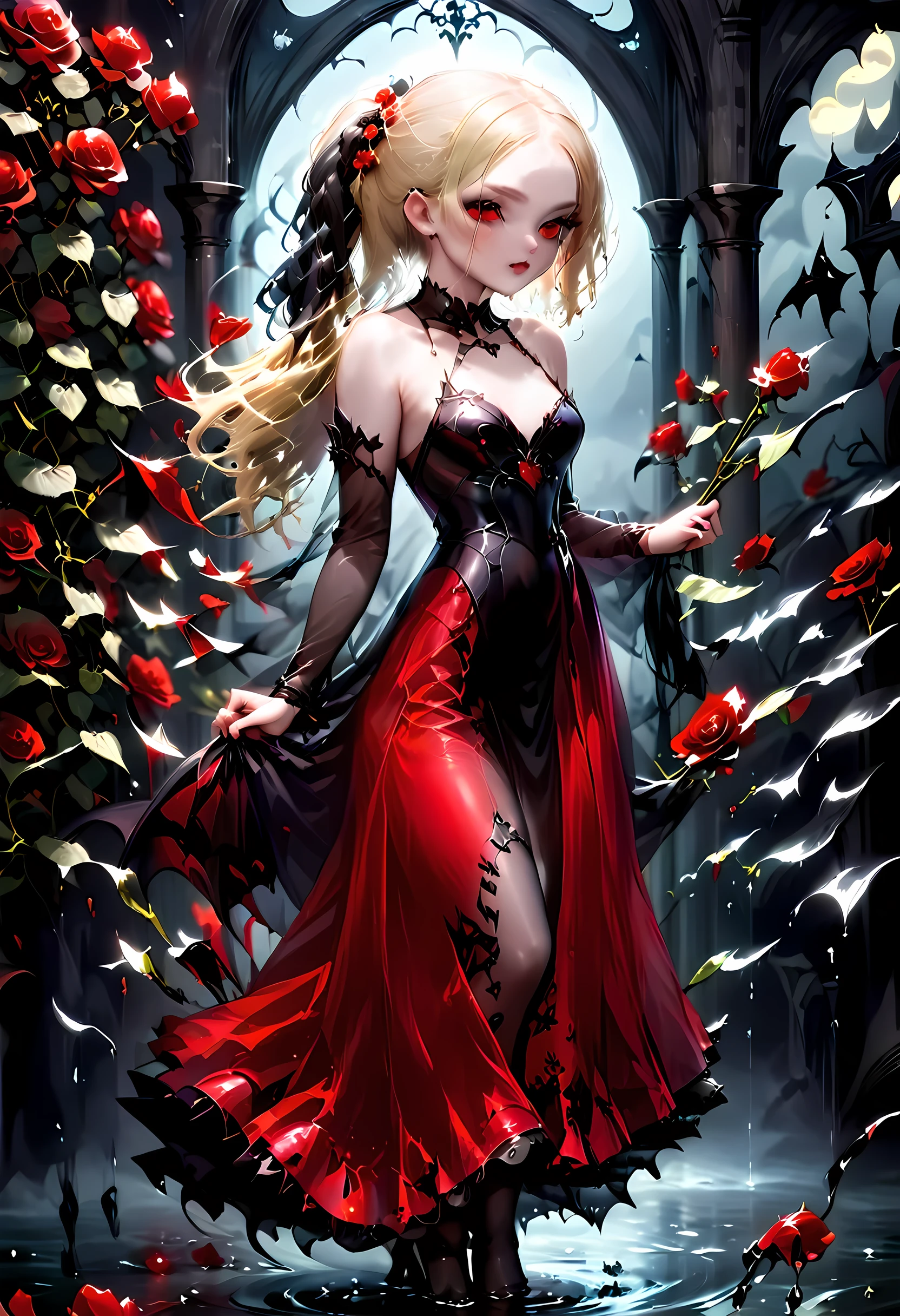 Dark fantasy art, fantasy art, goth art,  a picture of a female vampire, exquisite beauty, full body shot, dark glamour shot,  pale white skin, dark blond hair, long hair, wavy hair, (glowing grey: 1.3) eyes,  she  wears a (red: 1.3) red dress, ArmoredDress, the roses are imprinted on the dress (black: 1.4)  black roses betmd, high heells, dark castle porchm, dark, black and colorm, Dark Art Painting Style