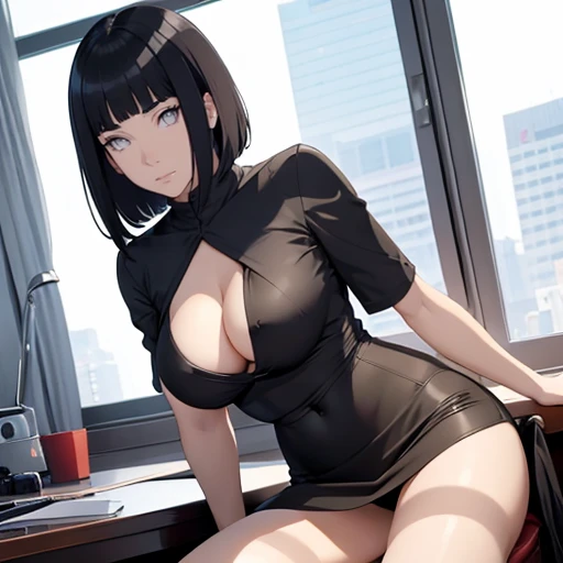 (masterpiece), anime, Best quality, good anatomy, one girl, Hinata Hyuga, (full height), white eyes, Big breasts, realistic face, gloomy face, Looking down, dark hair, short haircut, navel ,bare shoulders, tight black top, decollete, black pencil skirt, tall legs, beautiful legs, office, Reflectors, 8K masterpiece, super detail, film movie, best quality, best ditails, detailed face, detailed eyes, camera from bellow