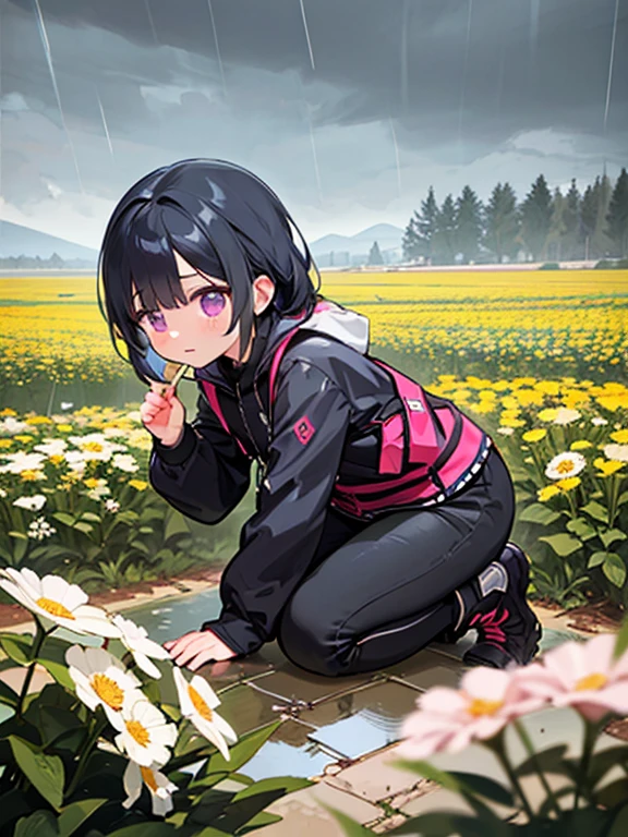 Female robot kneels down in the rain，Fingers delicately holding a flower, Staring at it with a desperate expression，Wasteland background，A few flowers grew on the barren land, Capturing the desolate atmosphere after the rain， flowers symbolize hope or reflection，Adds a touch of warmth and approachability to the character。unreal engine rendered , Unreal Engine 4K wallpapers, humanoid creature, 4K digital rendering, Stunning details in Unreal Engine k rendering