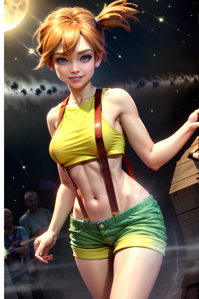 misty, masterpiece, highres, best quality, ultra-detailed, adult, mature, perfect lighting, female, 1girl, city, night, galaxy, moon, dark, smile yellow shirt, crop top, suspenders,