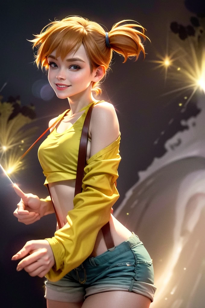 misty, masterpiece, highres, best quality, ultra-detailed, adult, mature, perfect lighting, female, 1girl, city, night, galaxy, moon, dark, smile yellow shirt, crop top, suspenders,