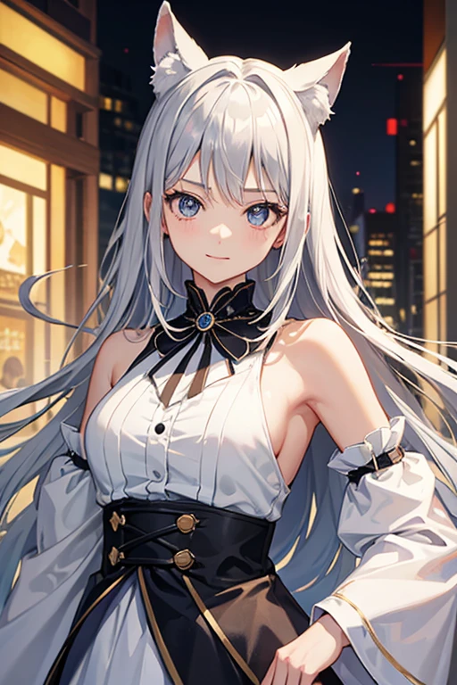 masterpiece, highest quality, High resolution,Anime Style Silver Hair(Decreased:1:10)Part of the hair stands up like animal ears、、About 、one piece、No sleeve、smile