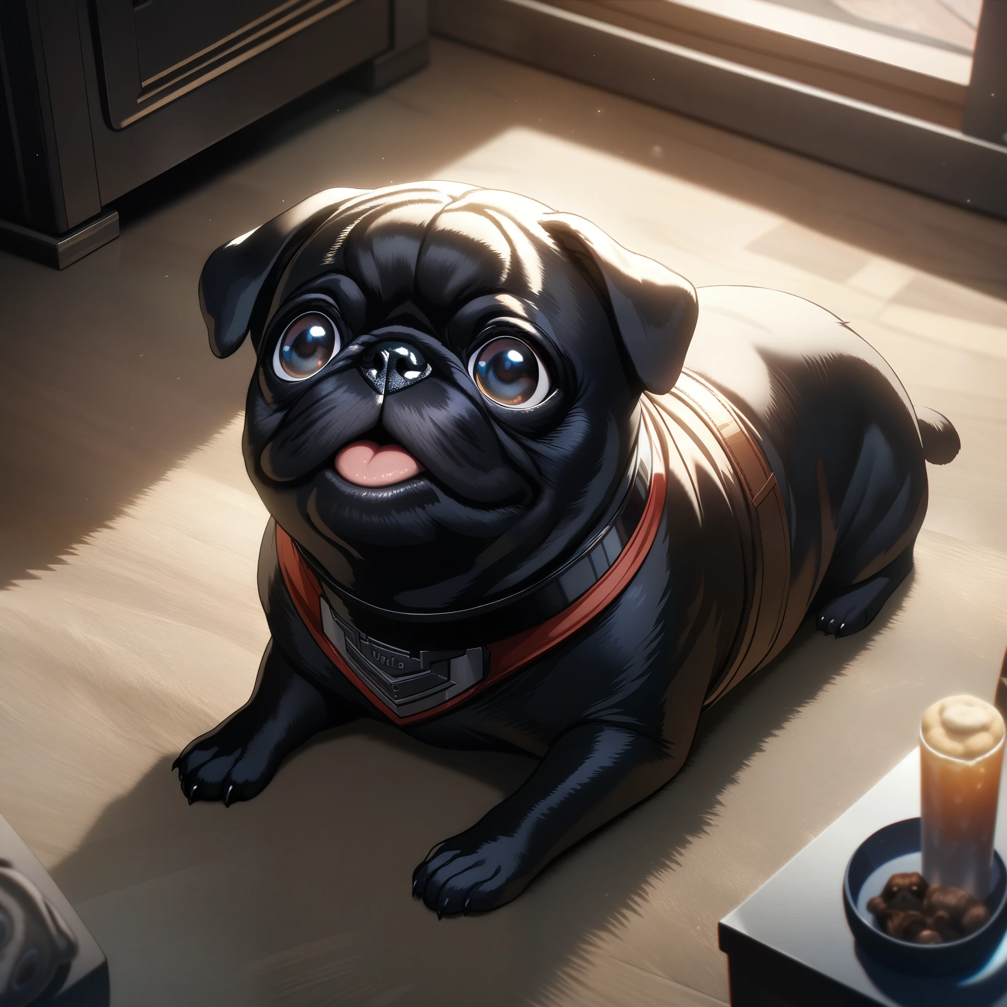 32k, best quality, ultra high res, HDR, UHD, extremely detailed CG, unity 32k wallpaper, Black Pug, Indoor living room background, Looking up, Pug begging for food, Close-up,