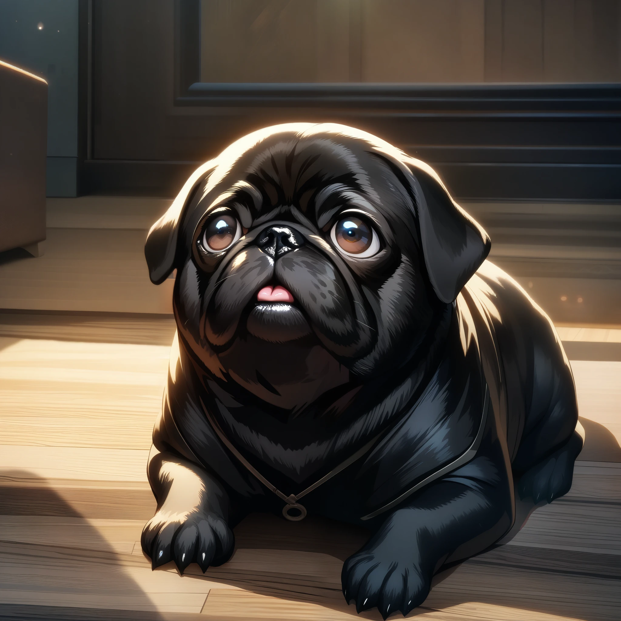 32k, best quality, ultra high res, HDR, UHD, extremely detailed CG, unity 32k wallpaper, Black Pug, Indoor living room background, Looking up, Pug begging for food, Close-up, 
