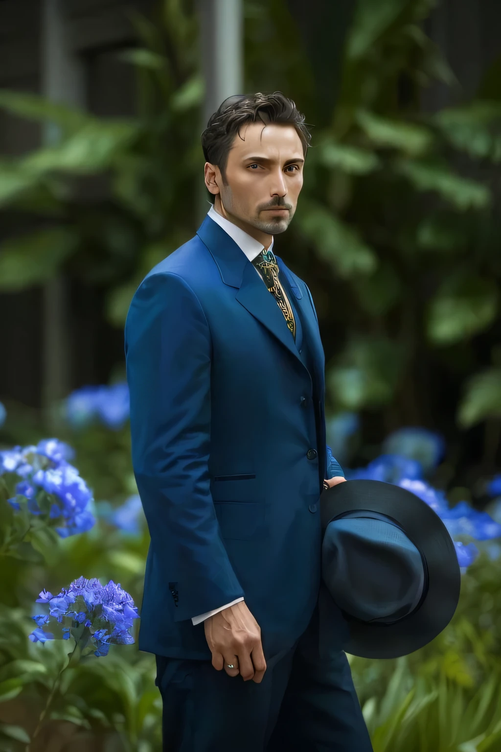 arafed man in a terno azul and hat standing in a garden, canibal, Mads Mikkelsen, inspirado em Albert Dorne, no show westworld, em seu terno, inspired by Ramón Pichot, programa de TV ainda, a man in a suit and hat, terno azul, teal suit, Machiavellian, imagem de alta qualidade, Finnian McManus, QG