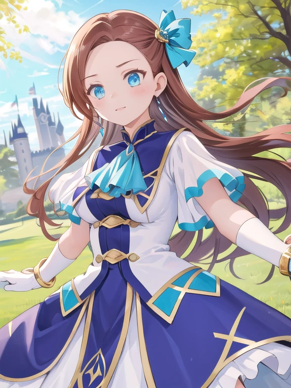 masterpiece, (Best quality:1.2), highres, (scenary:1.2), light, 1girl, solo, KatarinaClaes, asymmetrical bangs, earrings, hair bow, blue dress, long dress, high collar, ascot, brooch, white gloves, bracelet, scenary /( Royalty castle/), ruffles,