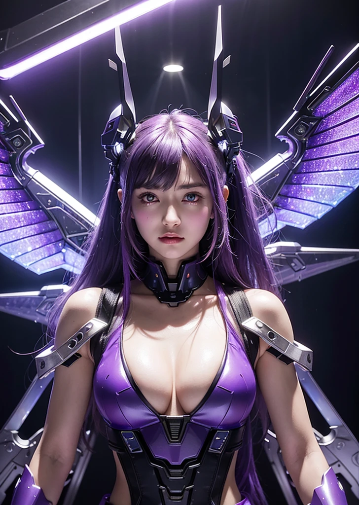 top-quality、​masterpiece、超A high resolution、(Photorealsitic:1.4)、Raw photo、Battle Cyborg Angel、large wings made of metal、purple porcelain body、Acrylic Clear Cover、purple  hair、glowy skin、1 Cyborg Girl、((super realistic details))、portlate、globalillumination、Shadow、octan render、8K、ultrasharp、character edge light,Colossal tits、Raw skin is exposed in cleavage、Details of complex ornaments、Double Zeta Gundam details、Hydraulic cylinder、Small LED lamp、highly intricate detail、Realistic light、a purple eye、radiant eyes、Facing the camera、neon details、cowboy  shot、Futuristic headgear、About Cyberpunk、、