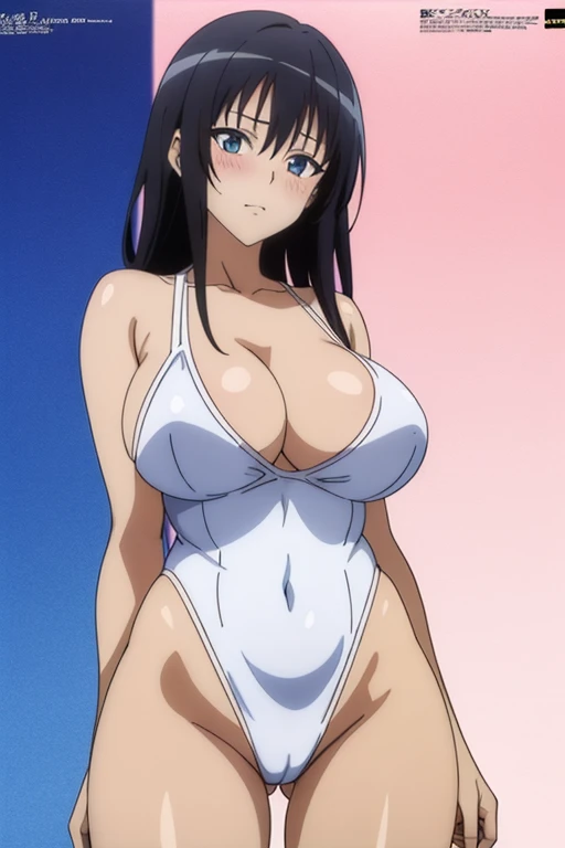 (masutepiece, Best Quality, High resolution, anime colours, megami magazine:1.2, anime poster style, anime keyvisual, sharp, 8k, photorealistic), (beautiful eyes:1.5, beautiful face), Kotegawa Yui, 1girl, solo, Cute, blush, (Long Black Hair), (sagging large breasts), (white onepiece swimsuit), cleavage, (arm behind back, cowboy shot), (Perfect detailed Anatomy, beautiful detailed hair, perfect detailed body:1.2, shiny skin), (thick outline, Beautiful outlines, black outlines), simple background,