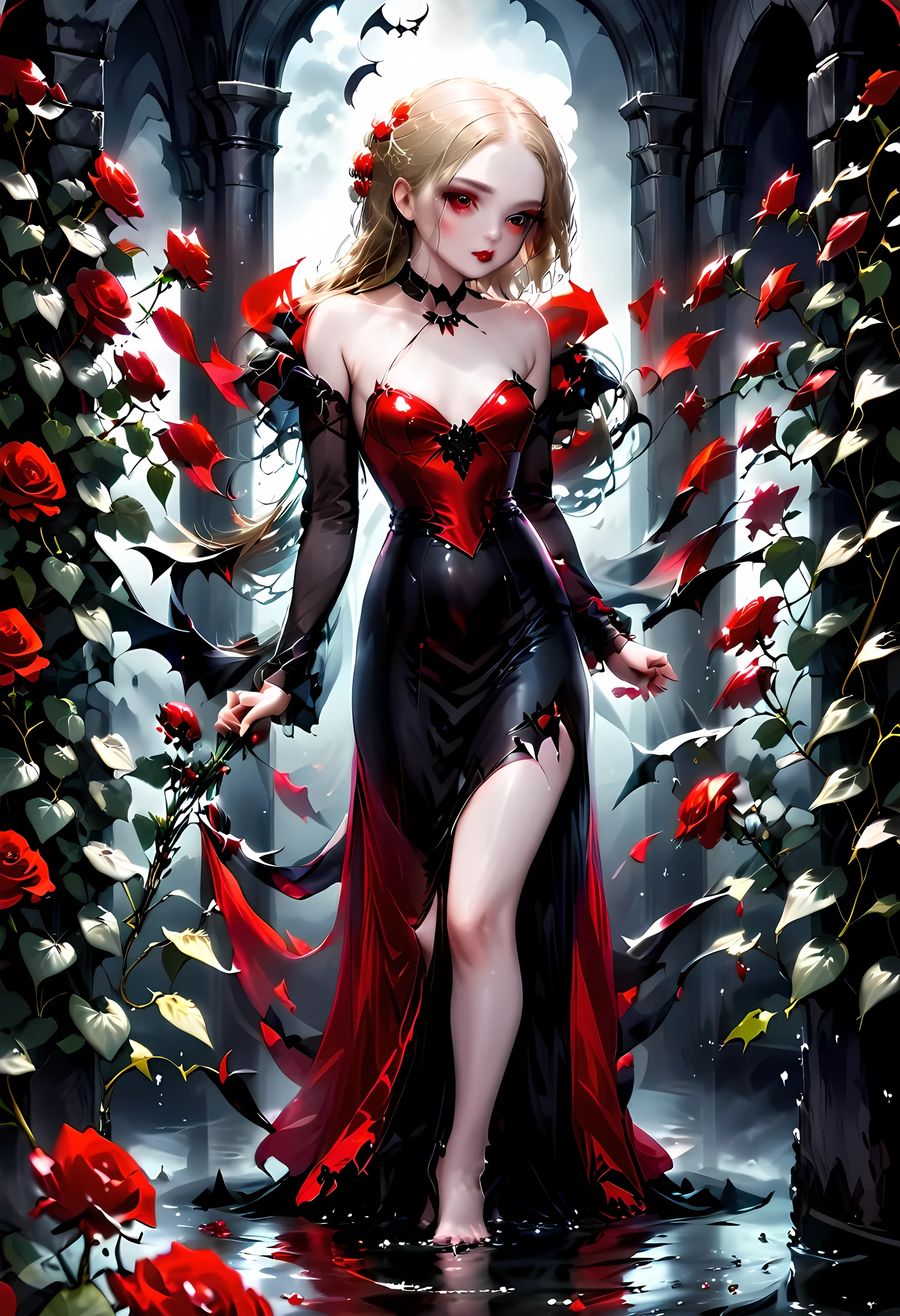 Dark fantasy art, fantasy art, goth art, a picture of a female vampire, exquisite beauty, full body shot, dark glamour shot, pale white skin, dark blond hair, long hair, wavy hair, (glowing grey: 1.3) eyes, she wears a (red: 1.3) red dress, ArmoredDress, the roses are imprinted on the dress (black: 1.4) black roses betmd, high heells, dark castle porchm, dark, black and colorm, Dark Art Painting Style
