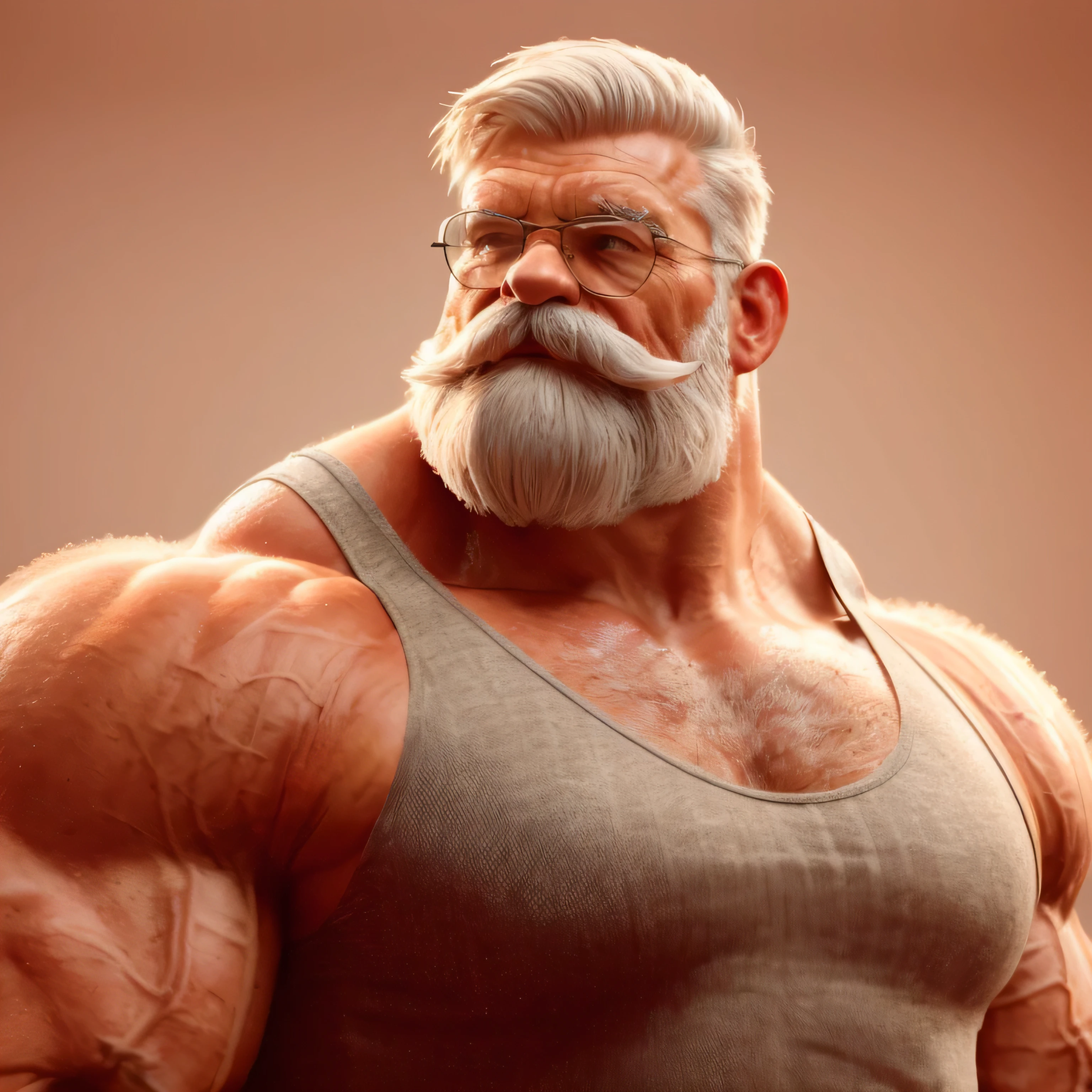 muscular old man, detailed, wearing tank top and shorts, glasses, really big mustache ,really big muscle, bigger muscle, very big muscular, over sized muscle, biggest muscle, big pec muscular, biggest pec muscle, detailed muscle, realistic rendering, CG realistic, 3d realistic, photography, background,