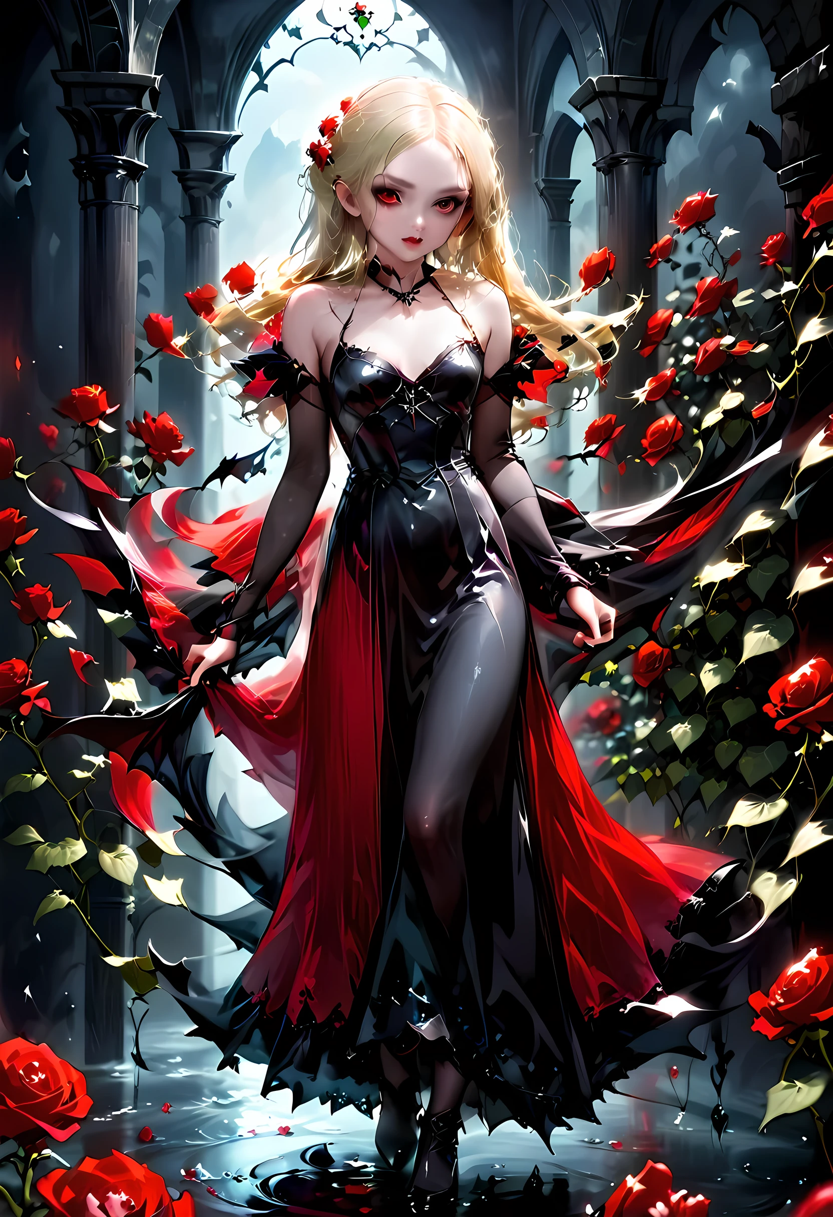 Dark fantasy art, fantasy art, goth art, a picture of a female vampire, exquisite beauty, full body shot, dark glamour shot, pale white skin, dark blond hair, long hair, wavy hair, (glowing grey: 1.3) eyes, she wears a (red: 1.3) red dress, ArmoredDress, the roses are imprinted on the dress (black: 1.4) black roses betmd, high heells, dark castle porchm, dark, black and colorm, Dark Art Painting Style