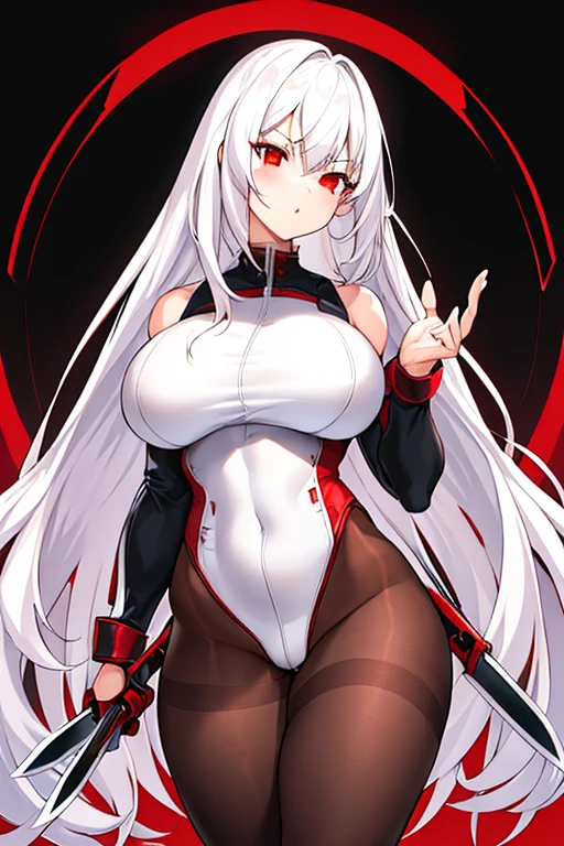 1girl, white hair, long hair, red eyes, serious, glowing eyes, large breasts, thick thighs, mature female, athletic female, toned, leotard, black leotard, thighhighs, belt, knife, knifes, pantyhose, highleg leotard, highleg, red pantyhose
