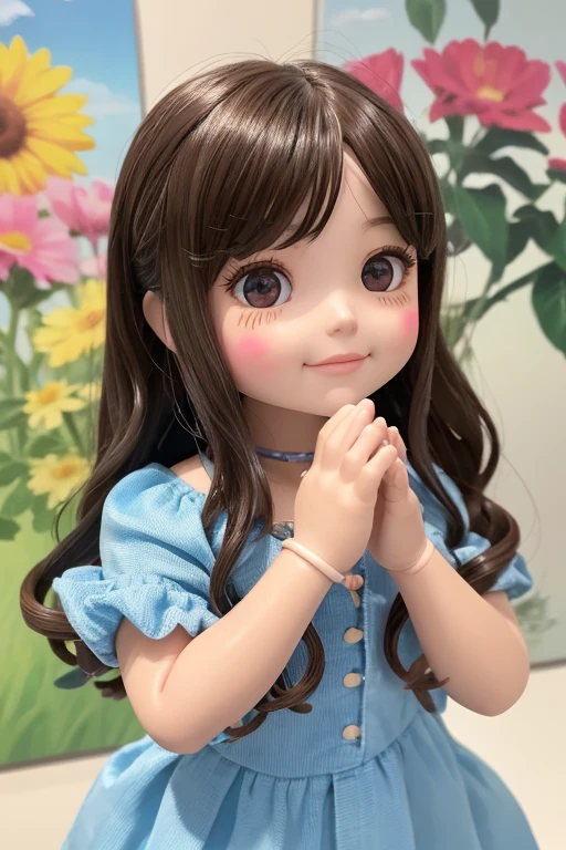 Photorealistic、Doll standing in front of the painting(Nendoroid)、Laughter、Water drops on cheeks、In a cute pose、水彩Nendoroid、(High Resolution Figure)、Flowing iridescent silk、Close-up of face、Look up、Heart patterned contact lenses、Two hands holding a heart decorated with flowers、There are also flowers in front of the Nendoroids、petal、season!!: summer☀ 🍂