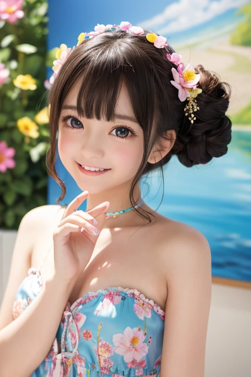Photorealistic、Doll standing in front of the painting(Nendoroid)、Laughter、Water drops on cheeks、In a cute pose、水彩Nendoroid、(High Resolution Figure)、Flowing iridescent silk、Close-up of face、Look up、Heart patterned contact lenses、Two hands holding a heart decorated with flowers、There are also flowers in front of the Nendoroids、petal、season!!: summer☀ 🍂