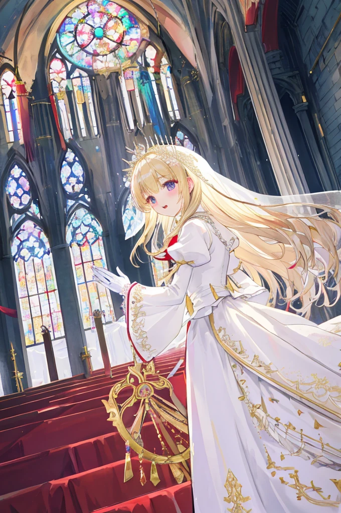 In front of the altar of the majestic church、(Blurred background)、Brighter light、long blonde haired girl、White Wedding Dress、(Elegant gloss)、(A lot of competition)、Lots of ribbons、((Puffy sleeves))、Long cuffs,Multi-button、Gold embroidery、Long trains、White embroidered gloves、Five fingers、laughter、red cheeks