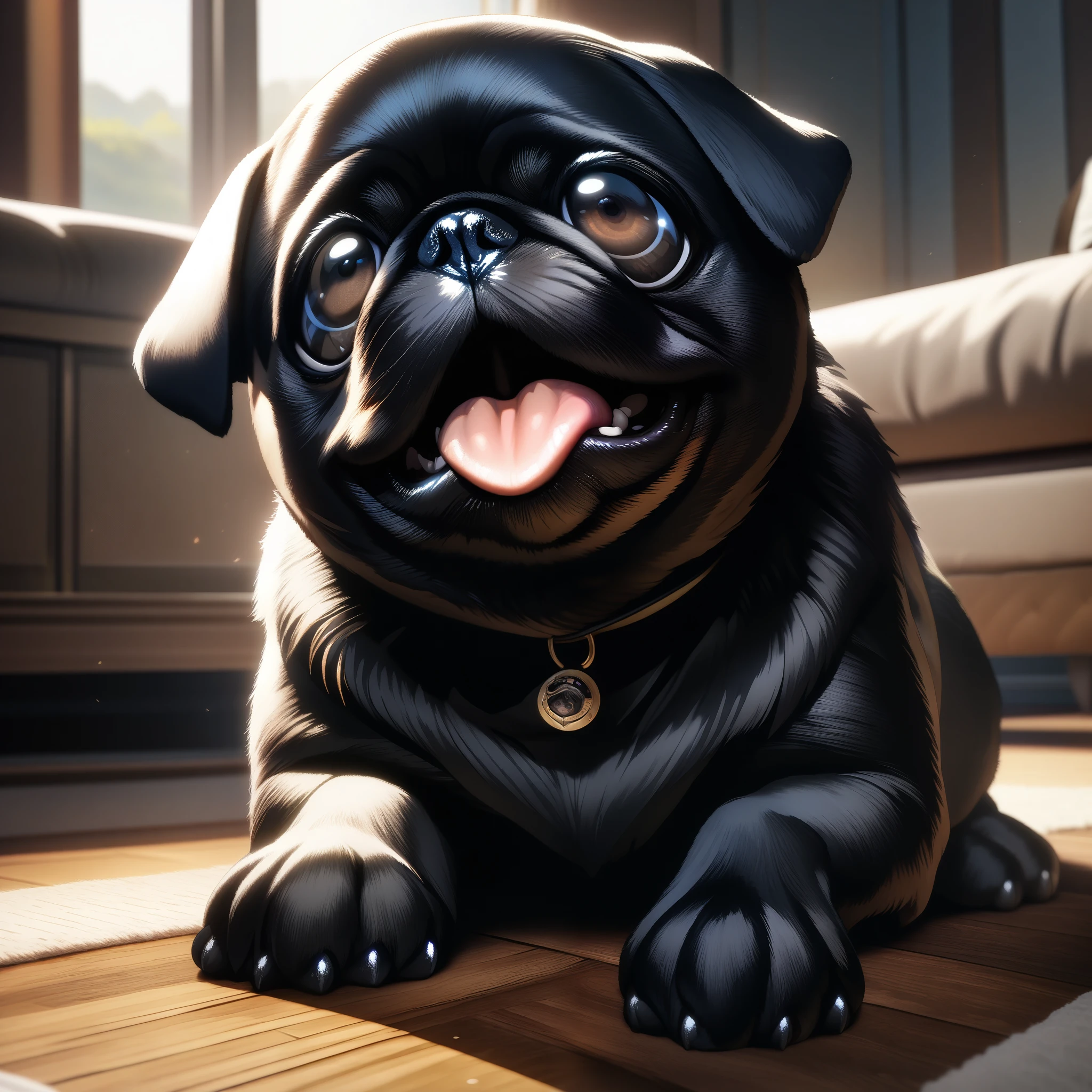 32k, best quality, ultra high res, HDR, UHD, extremely detailed CG, unity 32k wallpaper, Black Pug, Indoor living room background, Looking up, Pug begging for food, Close-up,
