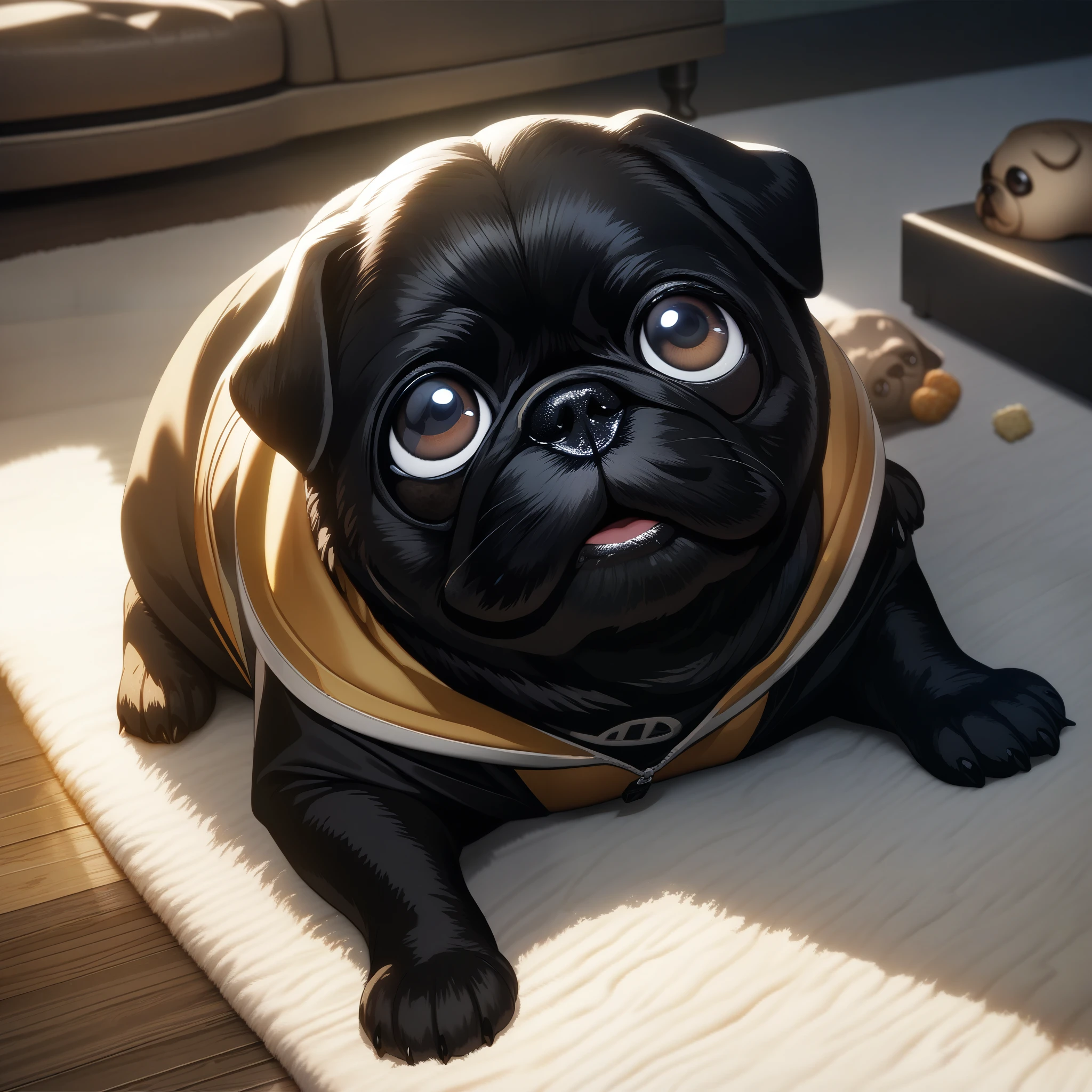 32k, best quality, ultra high res, HDR, UHD, extremely detailed CG, unity 32k wallpaper, Black Pug, Indoor living room background, Looking up, Pug begging for food, Close-up, 
