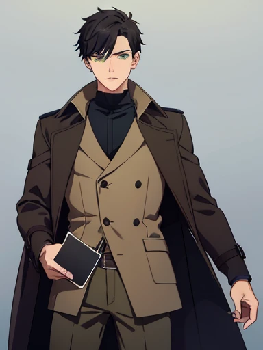 A male with black hair and green eyes a scar over his lip and left eyebrow with a black compress top and a brown trench coat navy blue trip pants and brown boots with cards in his hand mha style