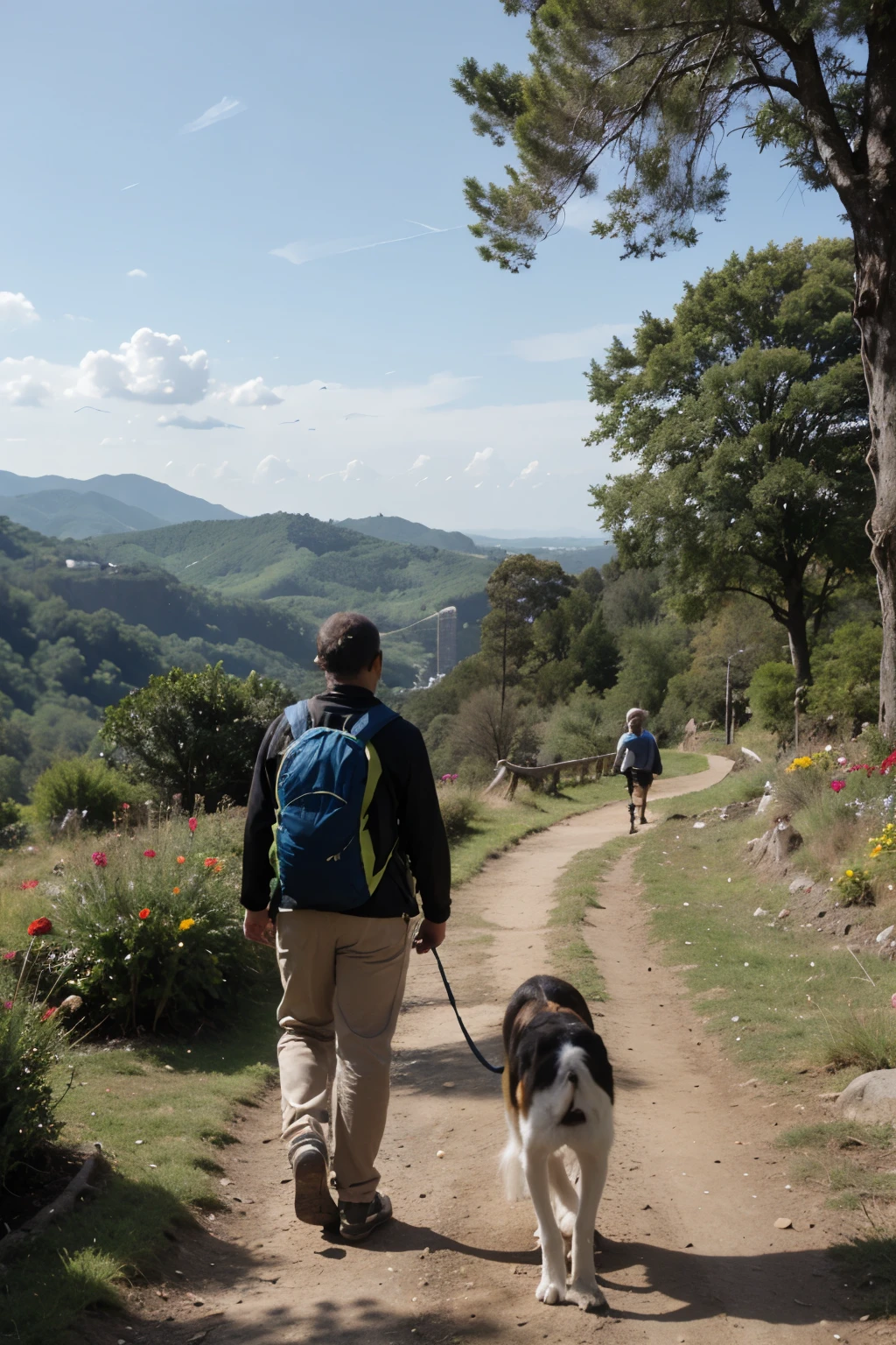 man on a mountain walking with his dog, jardin de flores