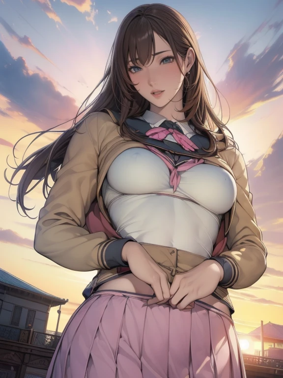 (8ก, 最high quality: 1.2), Very detailed, Complete solution, (Realistic, Realistic photo: 1.37), Portraiture, High resolution RAW color photograph, Professionally arrested, High resolution and beautiful, High resolution, 8ก Image Wallpaper, Amazing details, Large file size, Very detailedな美しい女の子, Very detailed face, (Super beautiful, well-defined eyes:1.8), The nose is precisely shaped., expressive lips,(sunset,Big House, Seaside restaurant background:1.2) , One Story, pretty girl, Realistic, (From below,Sealing:1.5),(Overlooking the view:1.5),                                                                               (Movie Scenes,Fantasy art,最high quality,high quality,High resolution,high qualityの質感,Attention to detail,Beautiful details,Fine details,Very detailedなCG,Detailed Texture,Realistic representation of face,Tabletop,before,dynamic,bold),1 Girl,Very detailedな肌,curve,(Under the chest:1.3),Beautiful breasts,Small breasts,Pale skin,(Very fine hairs),(Super soft hair),(Super Straight Hair),Long, slicked bangs,Very light coppery amber hair,Hair on one eye,Very lean body,Smart Abs,(Cropped School Uniform:1.5),(Open your mouth:1.3),My chest is visible、Nipples are visible、Pink nipples、
