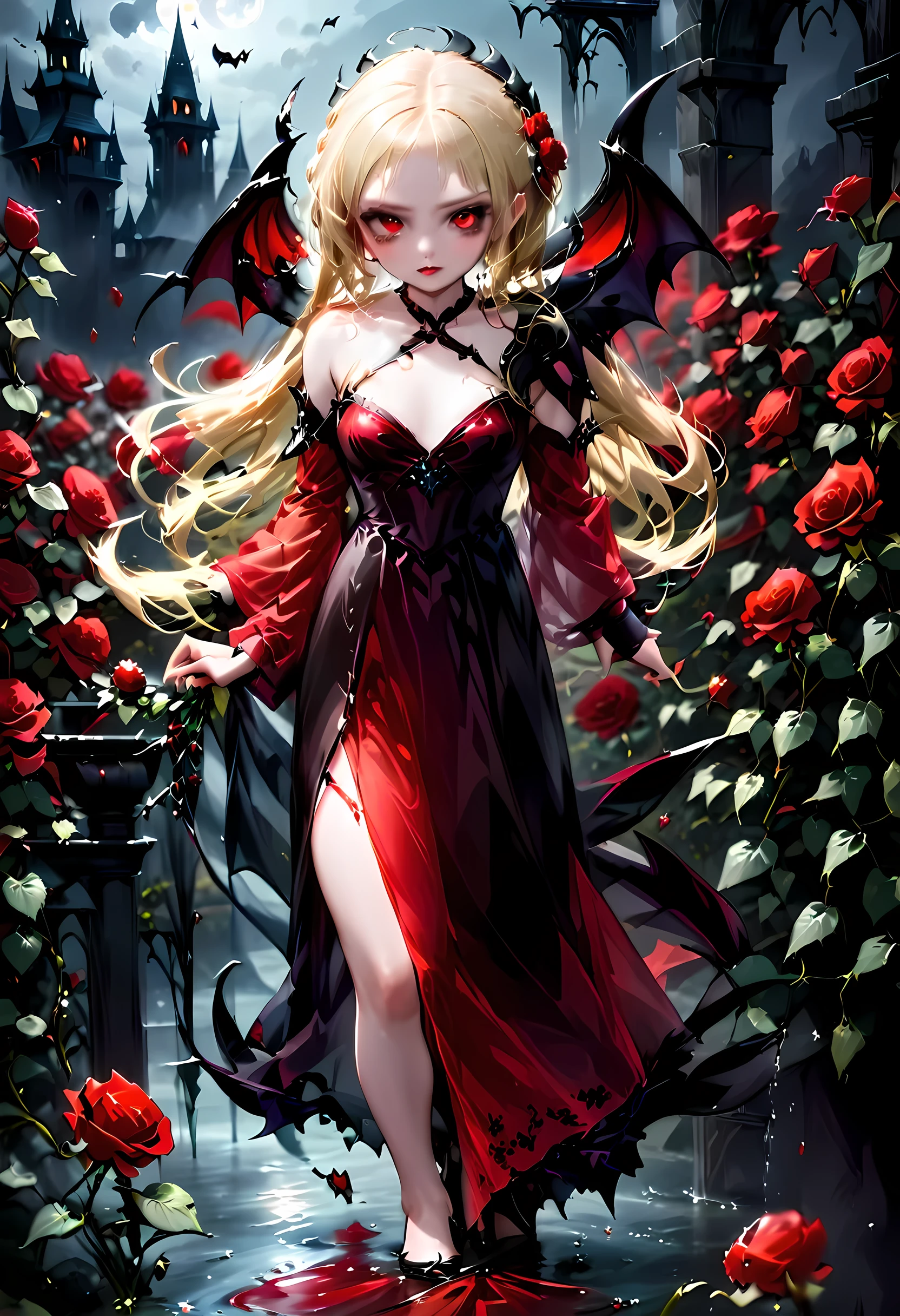 Dark fantasy art, fantasy art, goth art,  a picture of a female vampire, exquisite beauty, full body shot, dark glamour shot,  pale white skin, dark blond hair, long hair, wavy hair, (glowing grey: 1.3) eyes,  she  wears a (red: 1.3) red dress, ArmoredDress, the roses are imprinted on the dress (black: 1.4)  black roses betmd, high heells, dark castle porchm, dark, black and colorm, Dark Art Painting Style