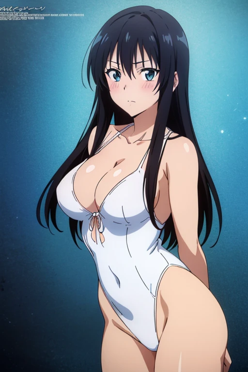 (masutepiece, Best Quality, High resolution, anime colours, megami magazine:1.2, anime poster style, anime keyvisual, sharp, 8k, photorealistic), (beautiful eyes:1.5, beautiful face), Kotegawa Yui, 1girl, solo, Cute, blush, (Long Black Hair), (sagging large breasts), (white onepiece swimsuit), cleavage, (arm behind back, cowboy shot), (Perfect detailed Anatomy, beautiful detailed hair, perfect detailed body:1.2, shiny skin), (thick outline, Beautiful outlines, black outlines), simple background,