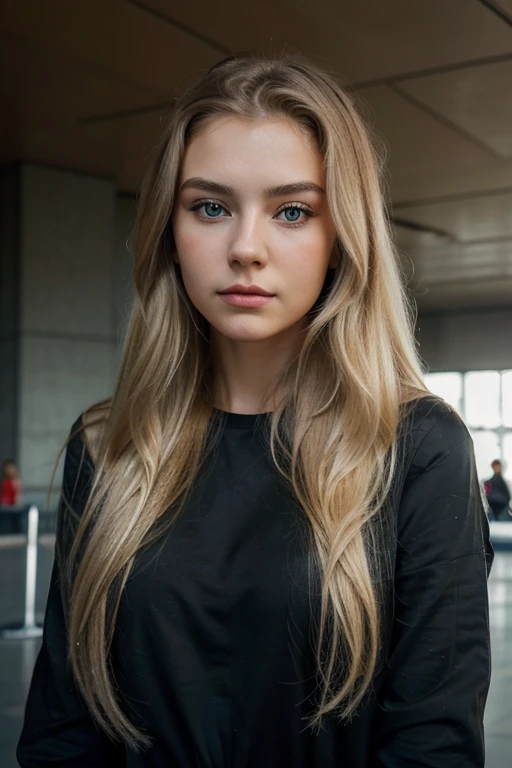 A photorealistic portrait of a 24-year-old Russian girl with long, flowing blond hair and striking dark eyes. She should have a natura with makeup on, approachable expression, the Russian girl is using at the airport. Capture this image with a high-resolution photograph using an 85mm lens for a flattering perspective.