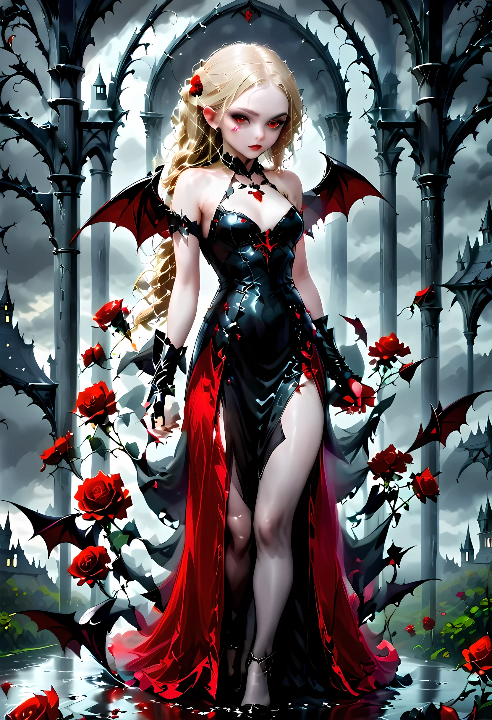 Dark fantasy art, fantasy art, goth art, a picture of a female vampire, exquisite beauty, full body shot, dark glamour shot, pale white skin, dark blond hair, long hair, wavy hair, (glowing grey: 1.3) eyes, she wears a (red: 1.3) red dress, ArmoredDress, the roses are imprinted on the dress (black: 1.4) black roses betmd, high heells, dark castle porchm, dark, black and colorm, dark fantasy