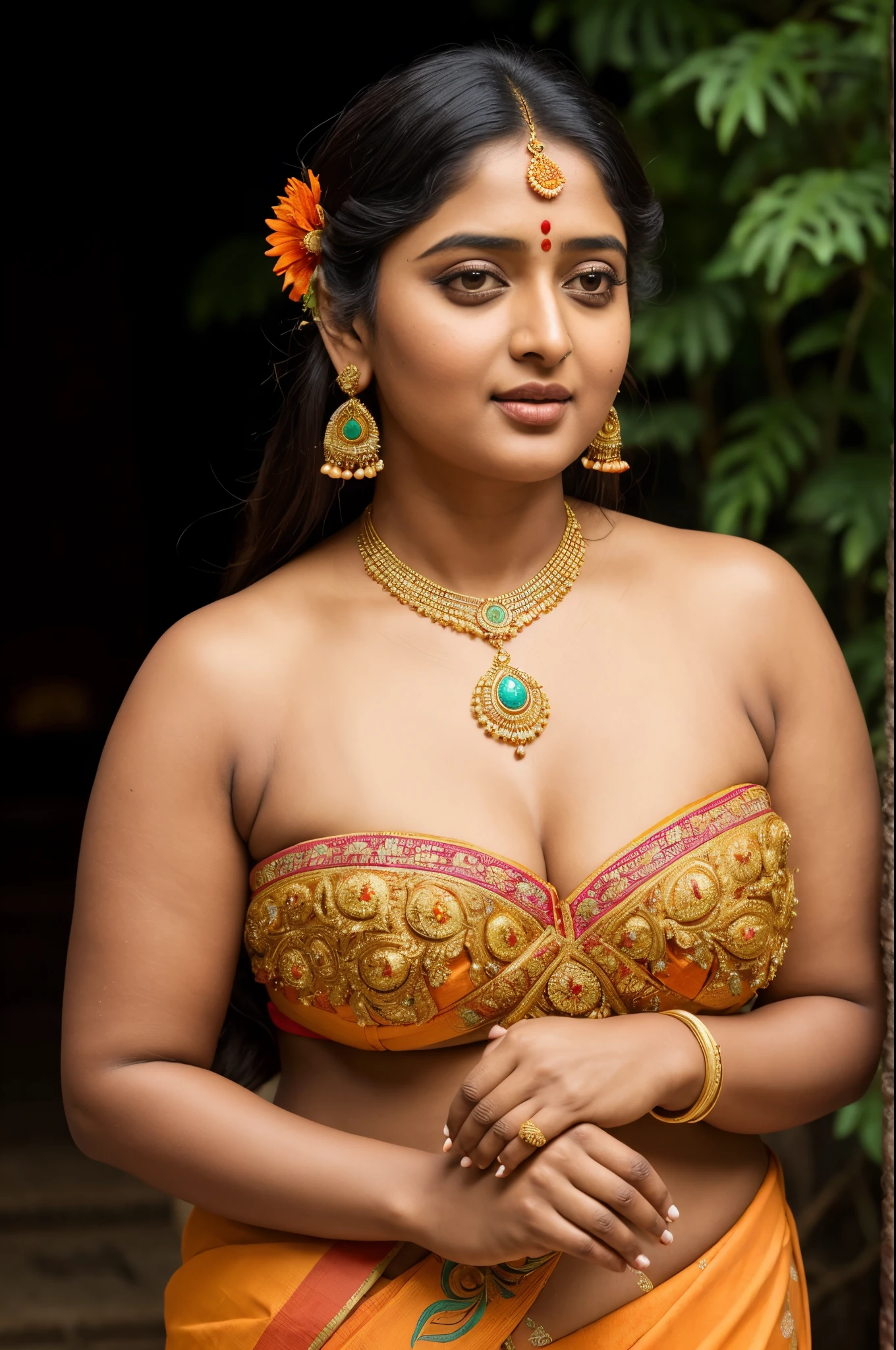 Looks like Anushka Shetty, stunning Beauty, wearing traditional stanapatta a strapless bra made of one piece of cotton cloth, thick figure, fleshy body, curvy, bulky figure, heavy physique, full figured woman, low waist saree, bold saree look, a close up of a woman in a colorful dress with a flower in her hair, extremely gorgeous woman, matchless beauty, queen, very beautiful enga style, with colourful intricate, candid shot, traditional beauty, candid picture, orange details, wearing intricate, candid portrait photo, with kerala motifs, wearing an elegant tribal outfit, orange and turquoise, orange and teal color, * colour splash *, traditional, stunning visual, highly detailed armpits, provocative beauty, attractive, captivating, goddess of lust and desire, sizzling, skin pores,