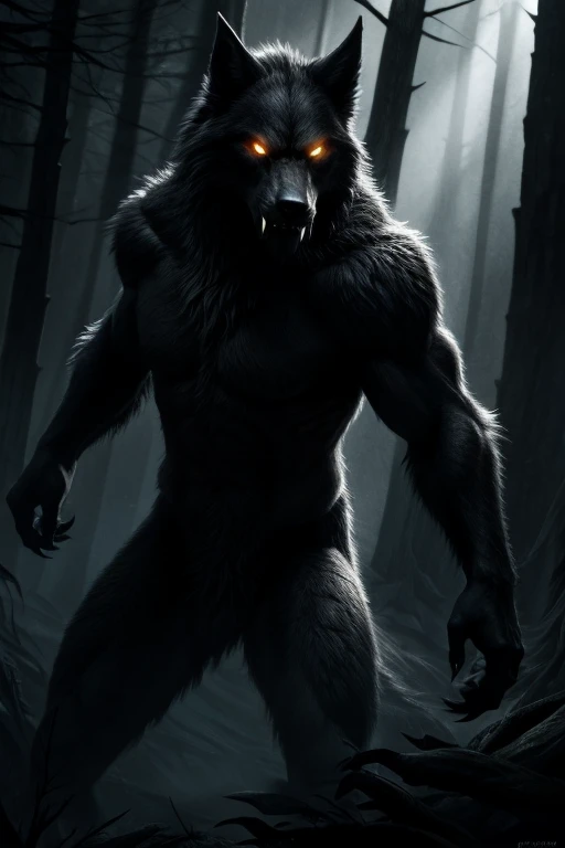 A werewolf Onceler, detailed portrait, beautiful glowing eyes, sharp fangs, dramatic lighting, moody dark forest background, cinematic composition, intricate textures, dynamic pose, fantasy art, dark fantasy, dramatic lighting, chiaroscuro, muted tones, moody atmosphere, highly detailed, 8k, photorealistic, hyper-realistic, masterpiece, concept art