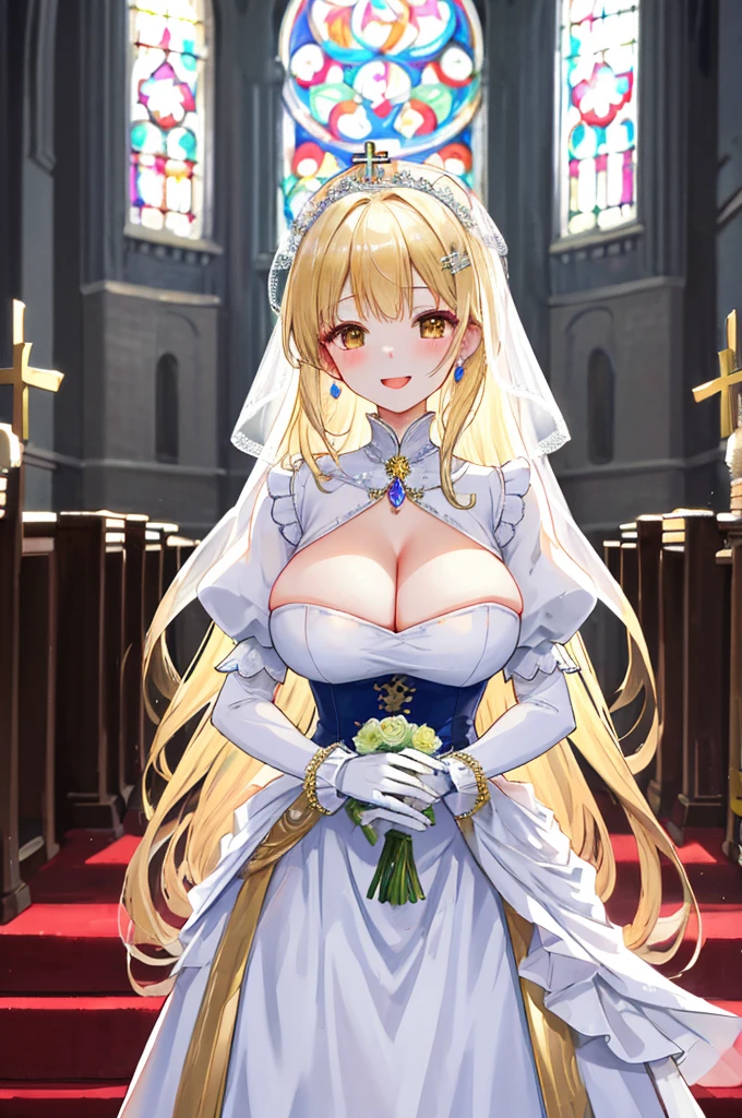 masterpiece,8k,A woman with big ,Gorgeous woman,transparent,Victorian style,Long blond hair,((hime cut)),Gorgeous jewelry,Crystal Hair Accessories,Cleavage,pubic,In front of the altar of the majestic church、(Blurred background)、Brighter light、White Wedding Dress、(Elegant gloss)、Lots of ribbons、((Puffy sleeves))、Long cuffs,Multi-button、Gold embroidery、Long trains、White embroidered gloves、Five fingers、laughter、red cheeks
