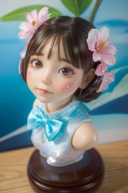 Photorealistic、Doll standing in front of the painting(Nendoroid)、Laughter、Water drops on cheeks、In a cute pose、水彩Nendoroid、(High Resolution Figure)、Flowing iridescent silk、Close-up of face、Look up、Heart patterned contact lenses、Two hands holding a heart decorated with flowers、There are also flowers in front of the Nendoroids、petal、season!!: summer☀ 🍂