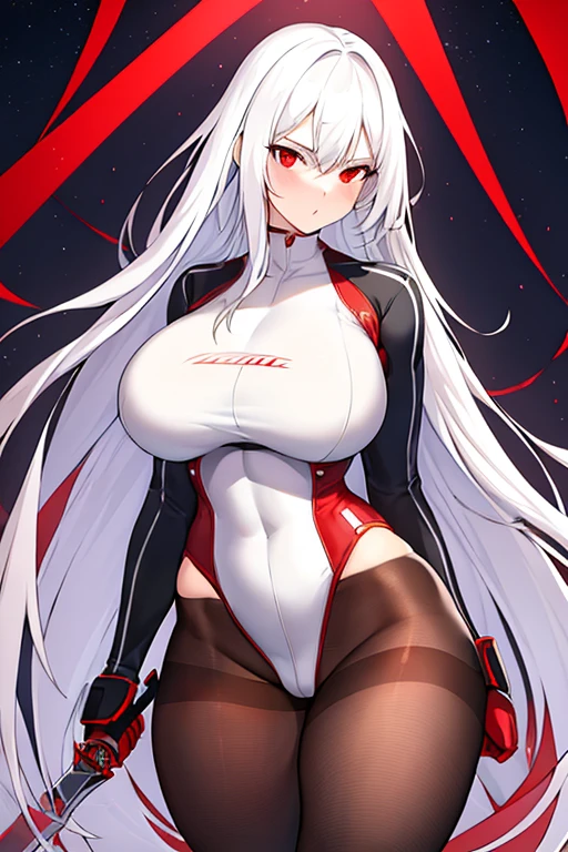 1girl, white hair, long hair, red eyes, serious, glowing eyes, large breasts, thick thighs, mature female, athletic  female, toned, leotard, black leotard, thighhighs, belt, knife, knifes, pantyhose, highleg leotard, highleg, red pantyhose