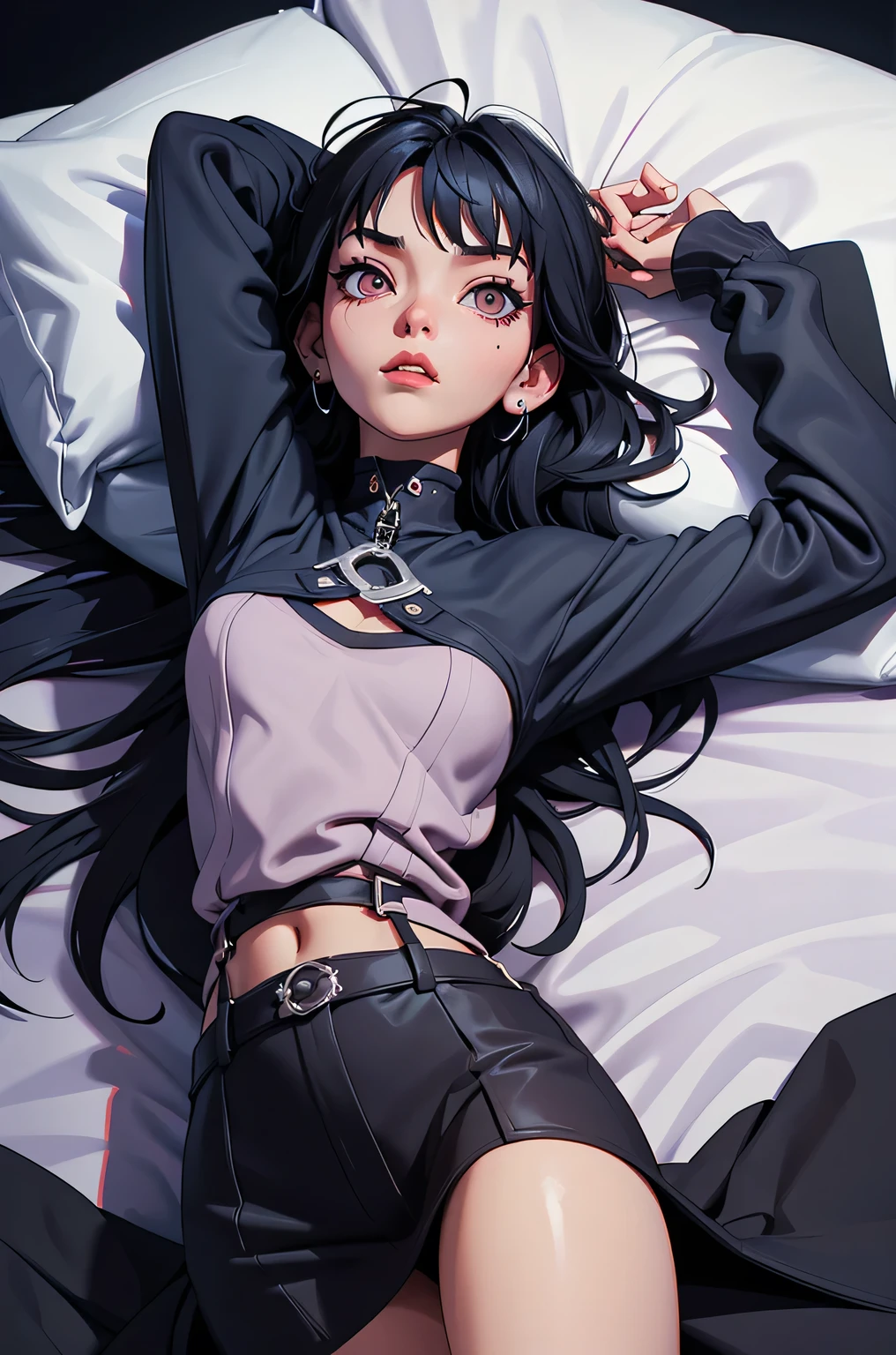 adult women laying on bed alone, baggy clothes, top view, looking up to the ceiling, piercings, goth, night time, pillow, laying flat out, arms spread legs spread, wide awake, 