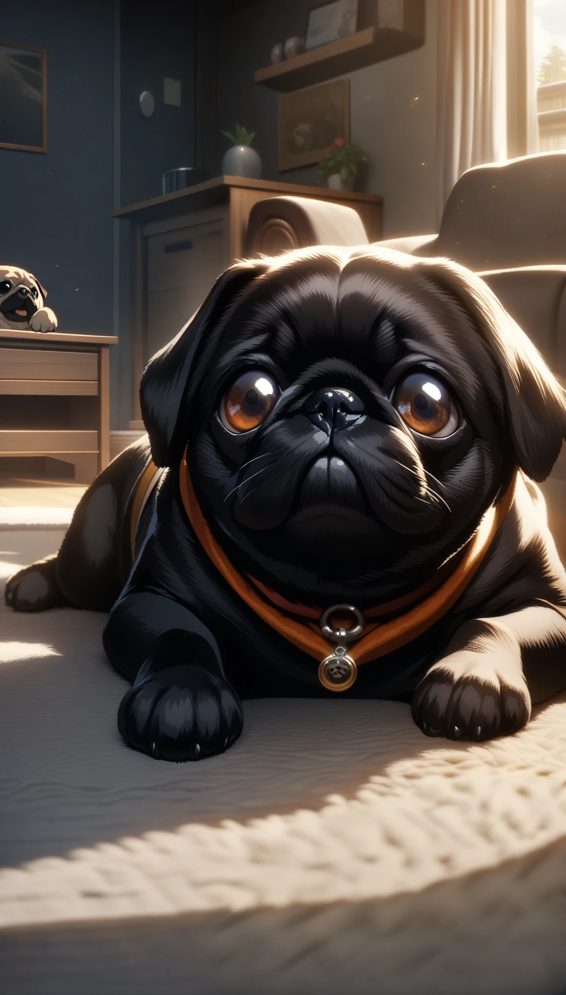 32k, best quality, ultra high res, HDR, UHD, extremely detailed CG, unity 32k wallpaper, Black Pug, Indoor living room background, Looking up, Pug begging for food, Close-up,