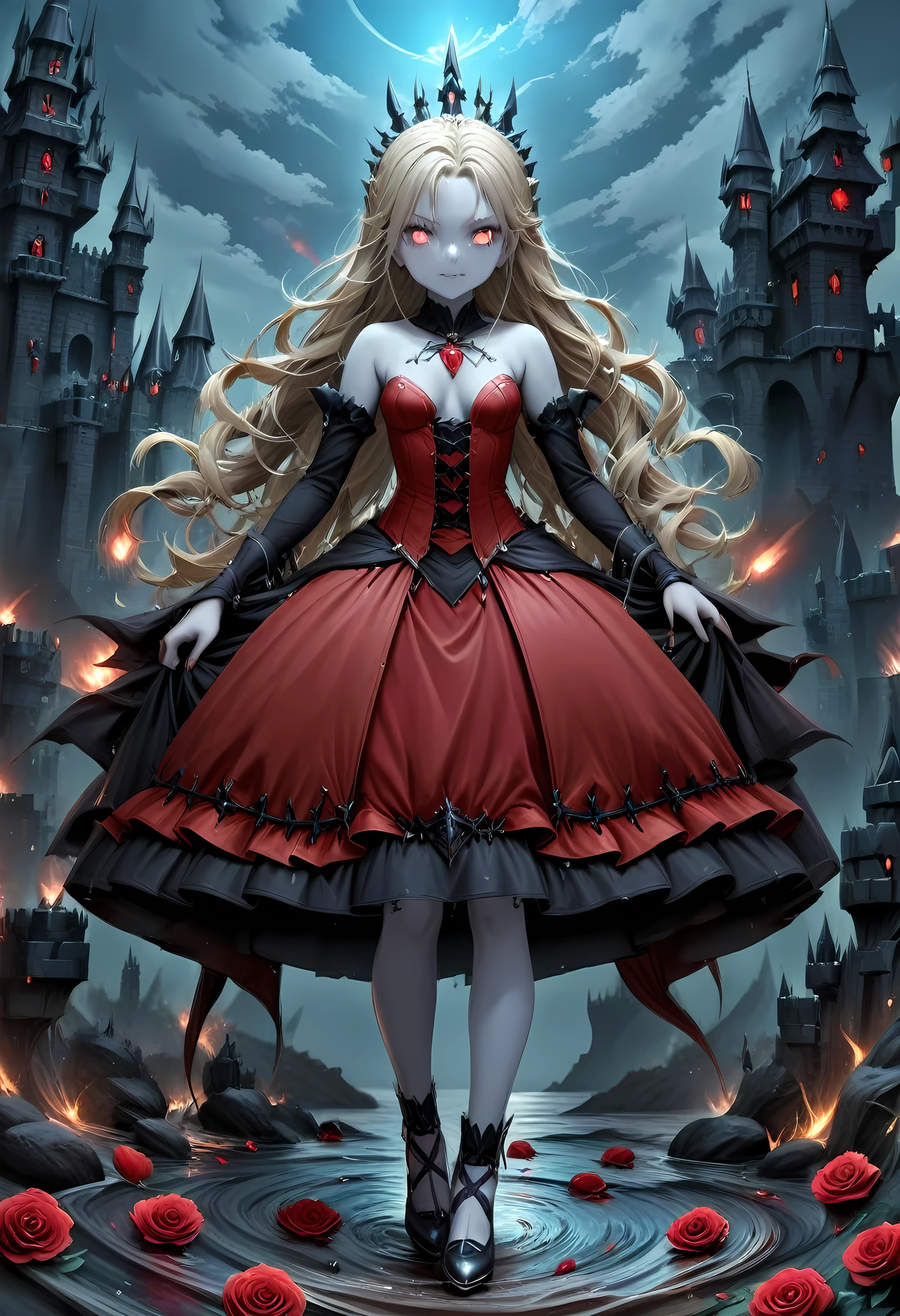 Dark fantasy art, fantasy art, goth art,  a picture of a female vampire, exquisite beauty, full body shot, dark glamour shot,  pale white skin, dark blond hair, long hair, wavy hair, (glowing grey: 1.3) eyes,  she  wears a (red: 1.3) red dress, ArmoredDress, the roses are imprinted on the dress (black: 1.4)  black roses betmd, high heells, dark castle porchm, dark, black and colorm, Dark Art Painting Style