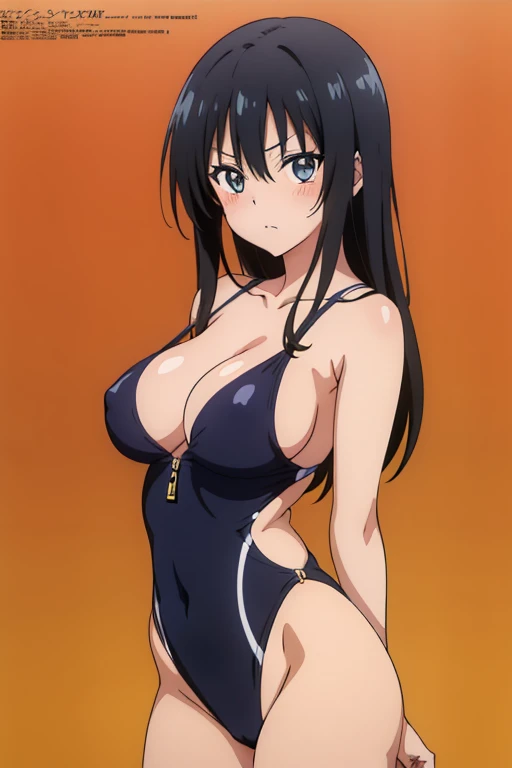 (masutepiece, Best Quality, High resolution, anime colours, megami magazine:1.2, anime poster style, anime keyvisual, sharp, 8k, photorealistic), (beautiful eyes:1.5, beautiful face), egawa Yui, 1girl, solo, Cute, blush, (Long Black Hair), (sagging large bre(white onepiece swimsuit), cleavage, ind back, cowboy shot), (Perfect detailed Anatomy, beautiful detailed hair, perfect detailed body:1.2, shiny skin), (thick outline, Beautiful outlines, black outlines), simple background,