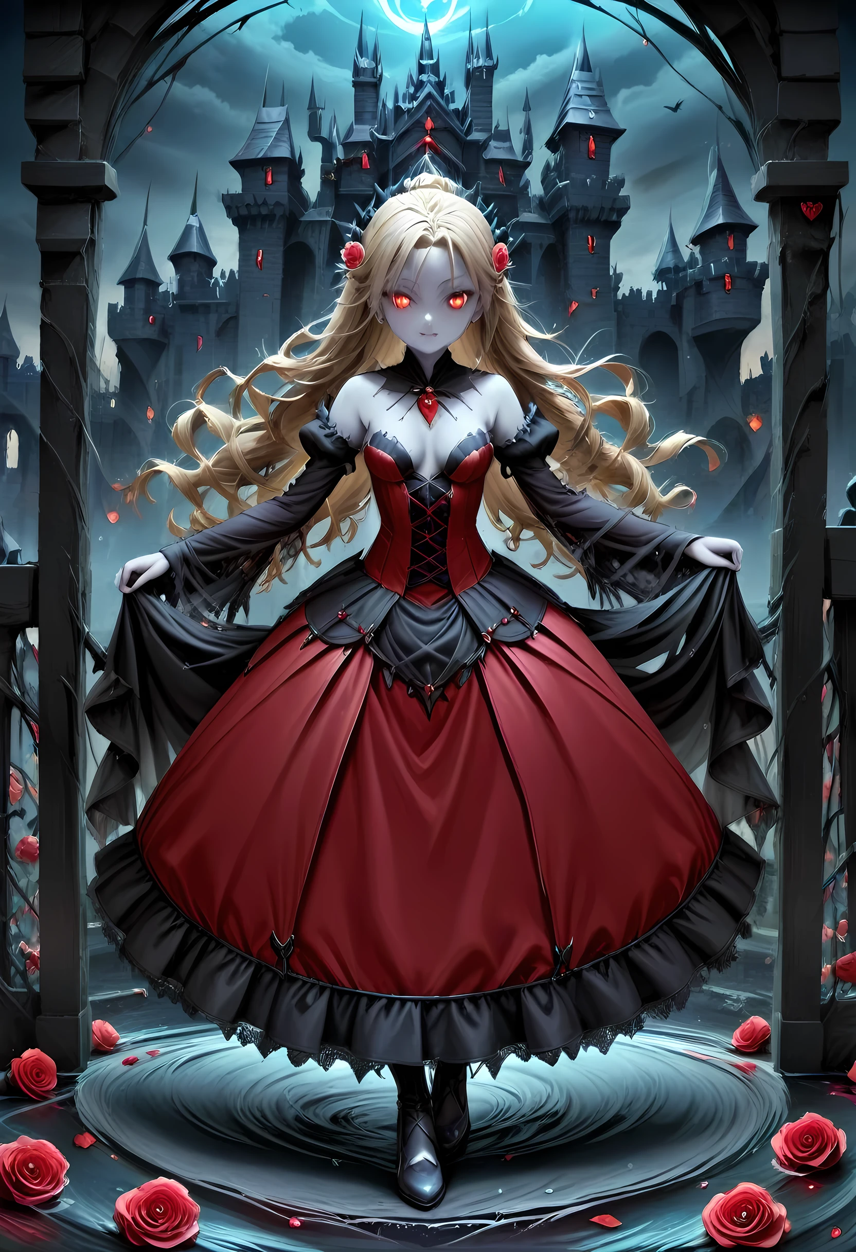 Dark fantasy art, fantasy art, goth art,  a picture of a female vampire, exquisite beauty, full body shot, dark glamour shot,  pale white skin, dark blond hair, long hair, wavy hair, (glowing grey: 1.3) eyes,  she  wears a (red: 1.3) red dress, ArmoredDress, the roses are imprinted on the dress (black: 1.4)  black roses betmd, high heells, dark castle porchm, dark, black and colorm, Dark Art Painting Style