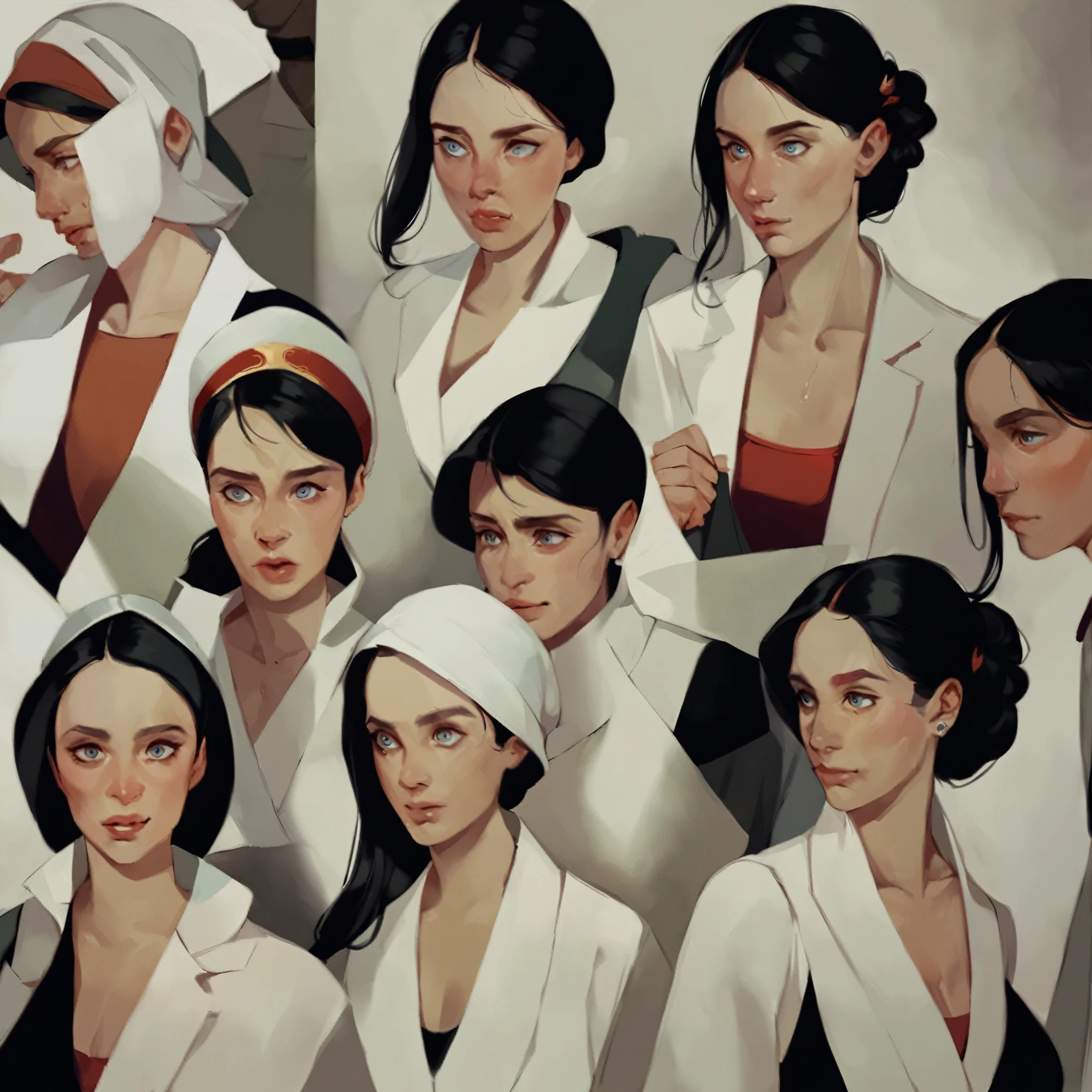 score_9, score_8_up, score_7_up, score_6_up, BREAK rating_seguro, adult girl, with black hair, wearing a long black linnen dress, frugal and poise, multiple faces, multiple expressions in calm style, 