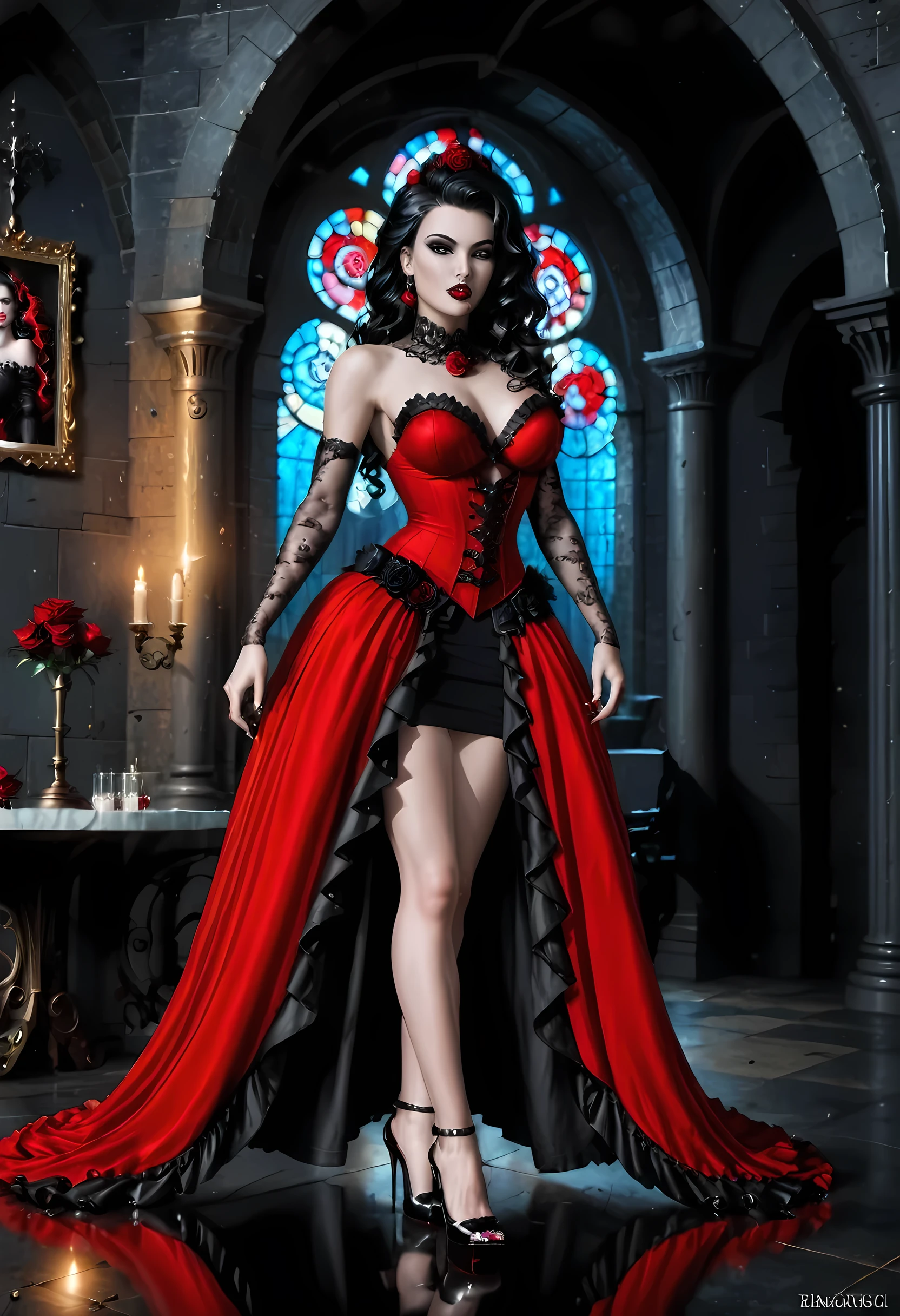 Dark fantasy art, fantasy art, goth art, a picture of a female vampire, exquisite beauty, full body shot, dark glamour shot, pale white skin, dark blond hair, long hair, wavy hair, (glowing grey: 1.3) eyes, she wears a (red: 1.3) red dress, ArmoredDress, the roses are imprinted on the dress (black: 1.4) black roses betmd, high heels, dark castle porchm, dark, black and colorm, dark fantasy