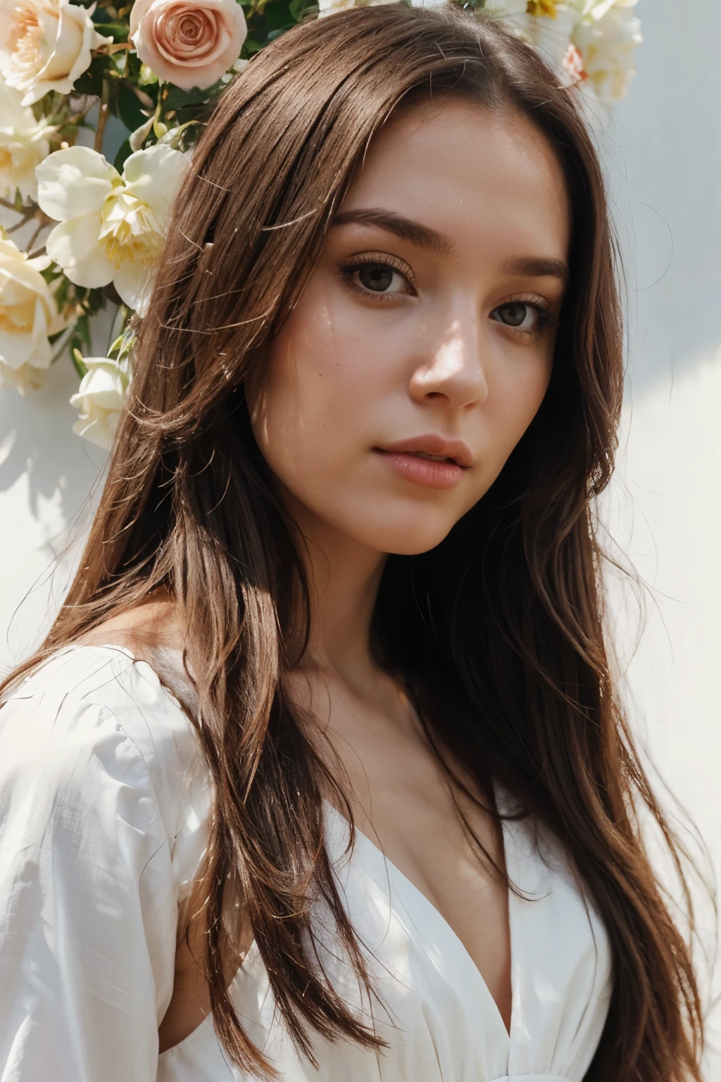 woman, instagram model, beautiful face, long hair, white skin, caucasian, art, flowers, dress, ultrarealism