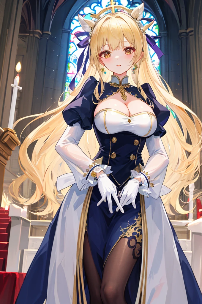 masterpiece，8k，A woman with big ，Gorgeous woman，transparent，Long blond hair，((hime cut))，Gorgeous jewelry，Crystal Hair Accessories，Cleavage，pubic，In front of the altar of the majestic church、（Blurred background）、Brighter light，(Elegant gloss）、Lots of ribbons、((Puffy sleeves))、Long cuffs，Multi-button、Gold embroidery、Long trains、White embroidered gloves、Five fingers、red cheeks