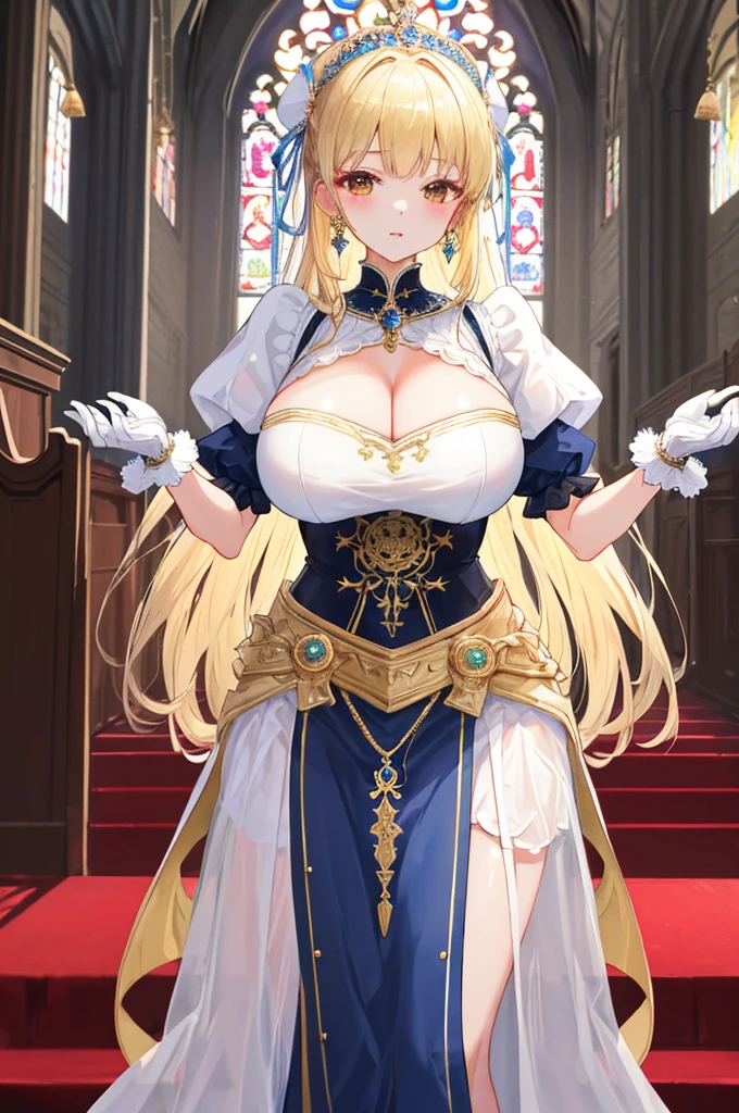 masterpiece，8k，A woman with big ，Gorgeous woman，transparent，Long blond hair，((hime cut))，Gorgeous jewelry，Crystal Hair Accessories，Cleavage，pubic，In front of the altar of the majestic church、（Blurred background）、Brighter light，(Elegant gloss）、Lots of ribbons、((Puffy sleeves))、Long cuffs，Multi-button、Gold embroidery、Long trains、White embroidered gloves、Five fingers、red cheeks