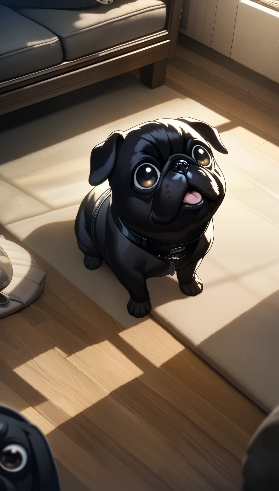 32k, best quality, ultra high res, HDR, UHD, extremely detailed CG, unity 32k wallpaper, Black Pug, Indoor living room background, Looking up, Pug begging for food, Close-up, 